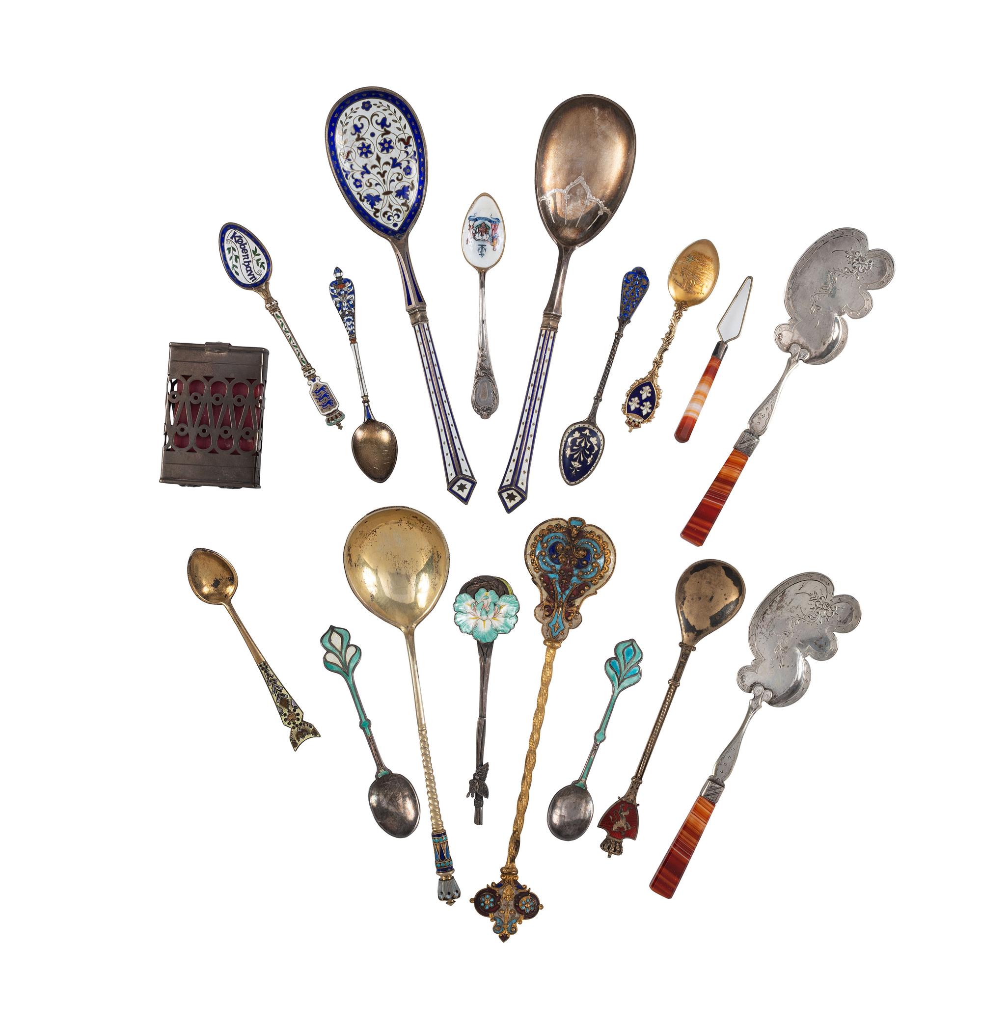 Seventeen Enameled Silver and Silver Gilt Serving Spoons and Souvenir Spoons