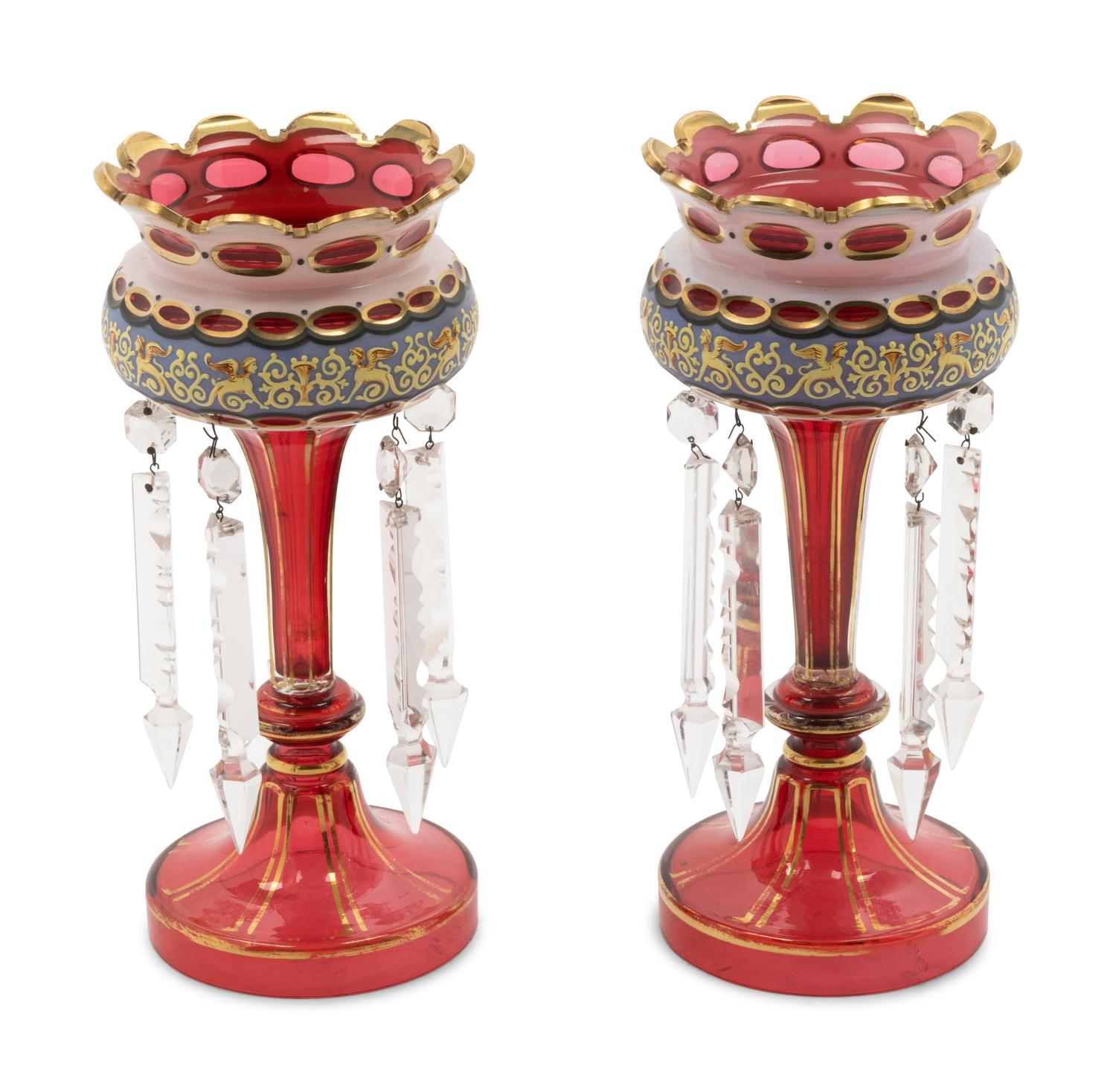A Pair of Bohemian Enameled White Overlay Glass Lusters