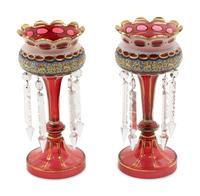 A Pair of Bohemian Enameled White Overlay Glass Lusters