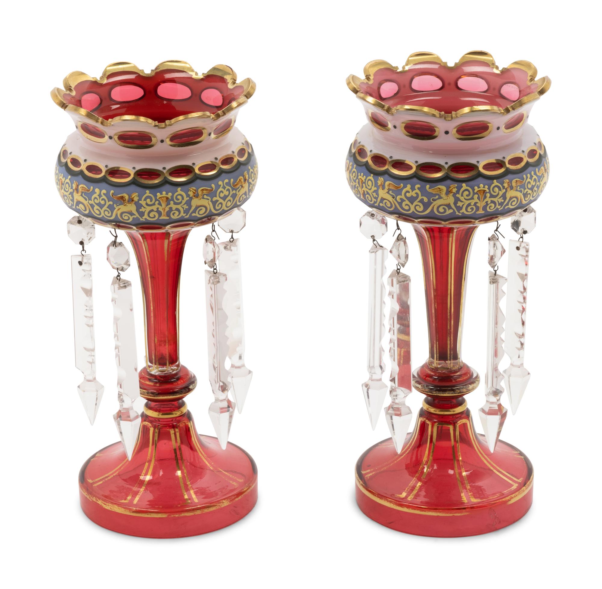 A Pair of Bohemian Enameled White Overlay Glass Lusters