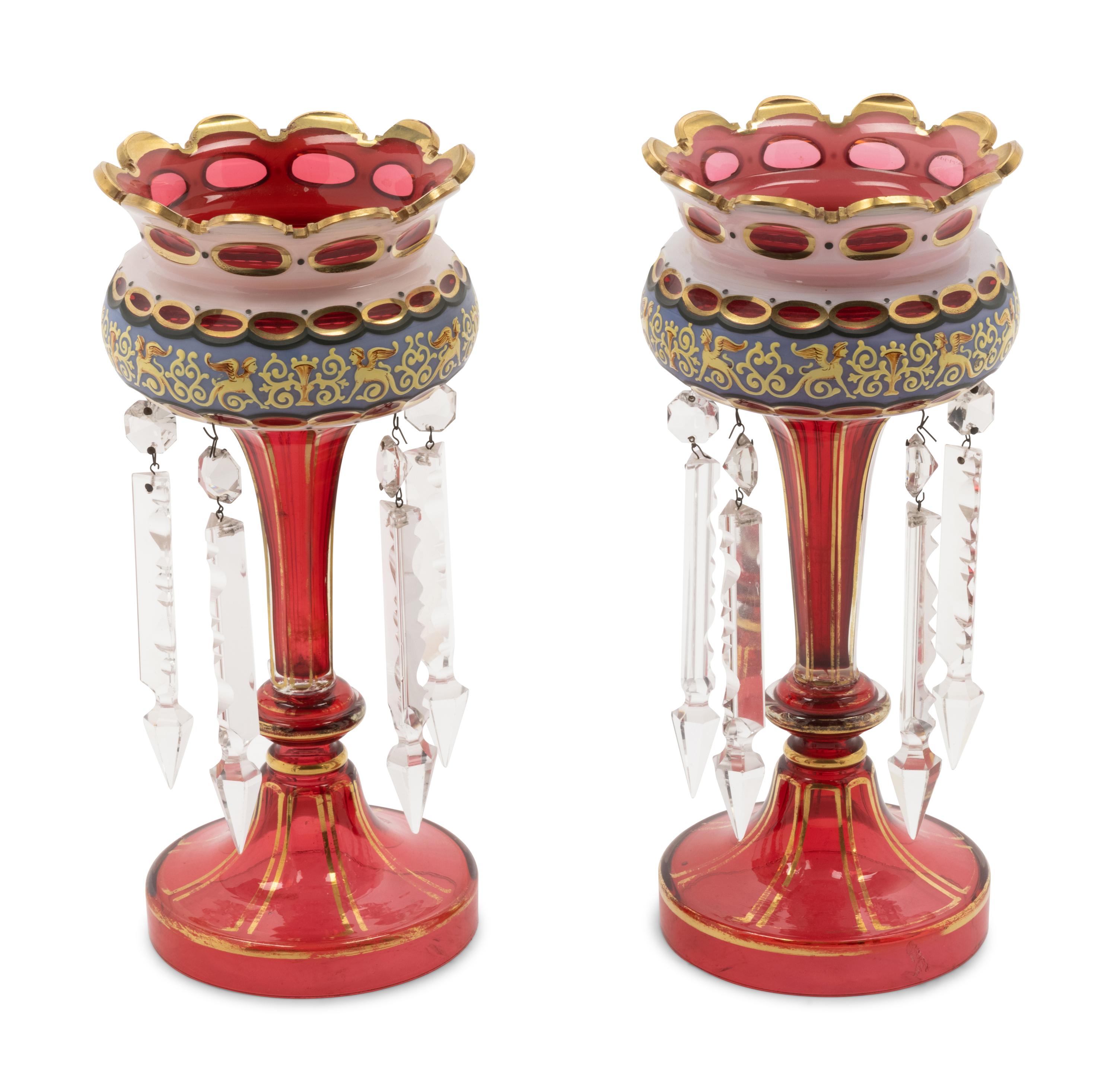 A Pair of Bohemian Enameled White Overlay Glass Lusters