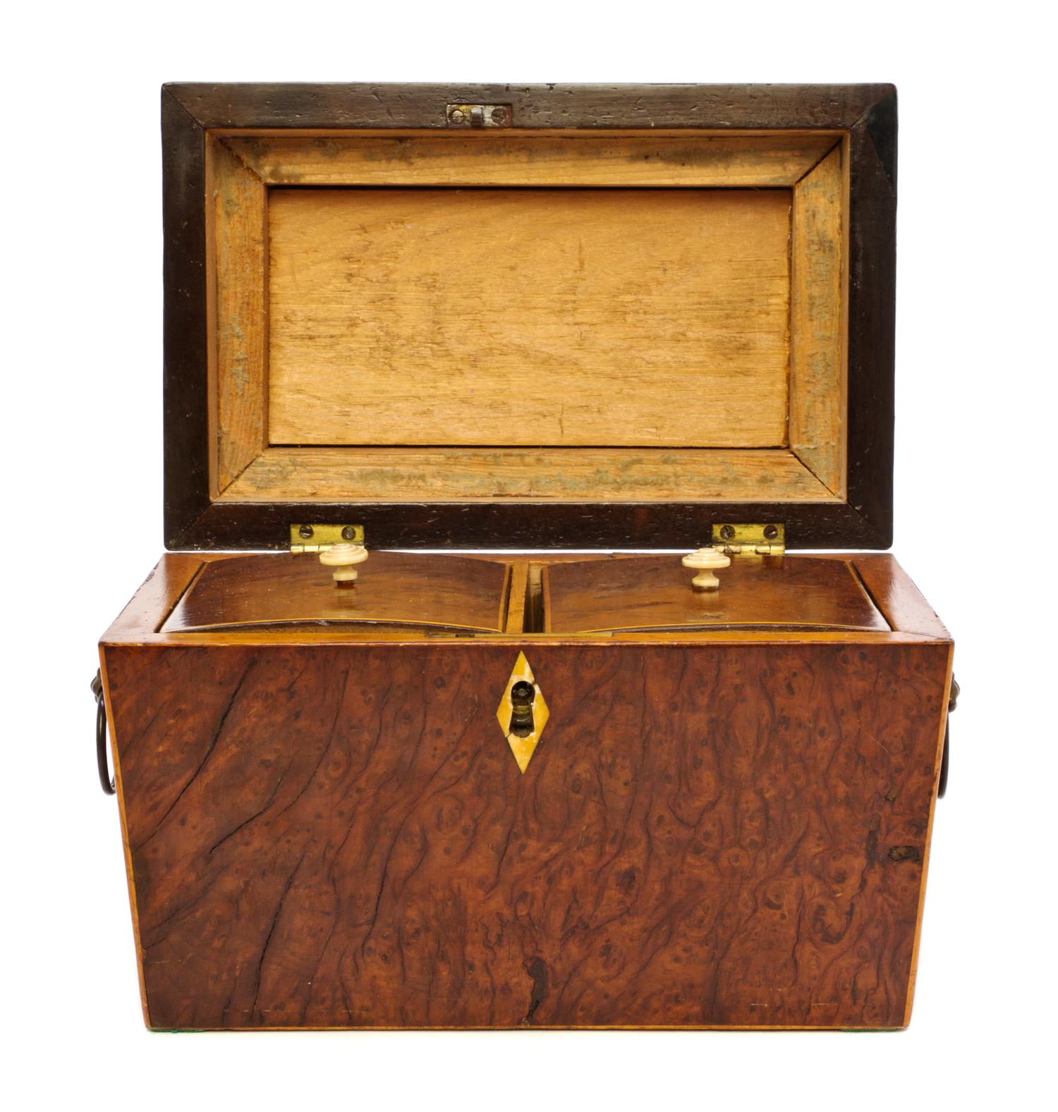 An English Burlwood Tea Caddy, Width 8 1/2 inches.