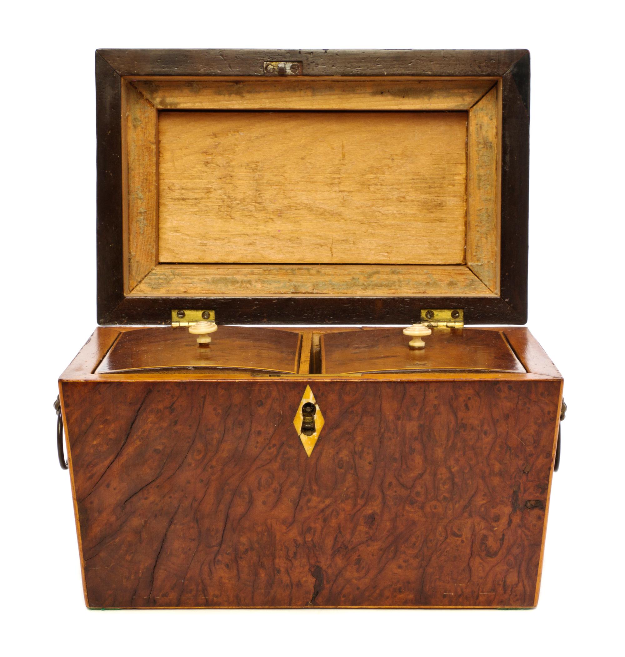 An English Burlwood Tea Caddy, Width 8 1/2 inches.
