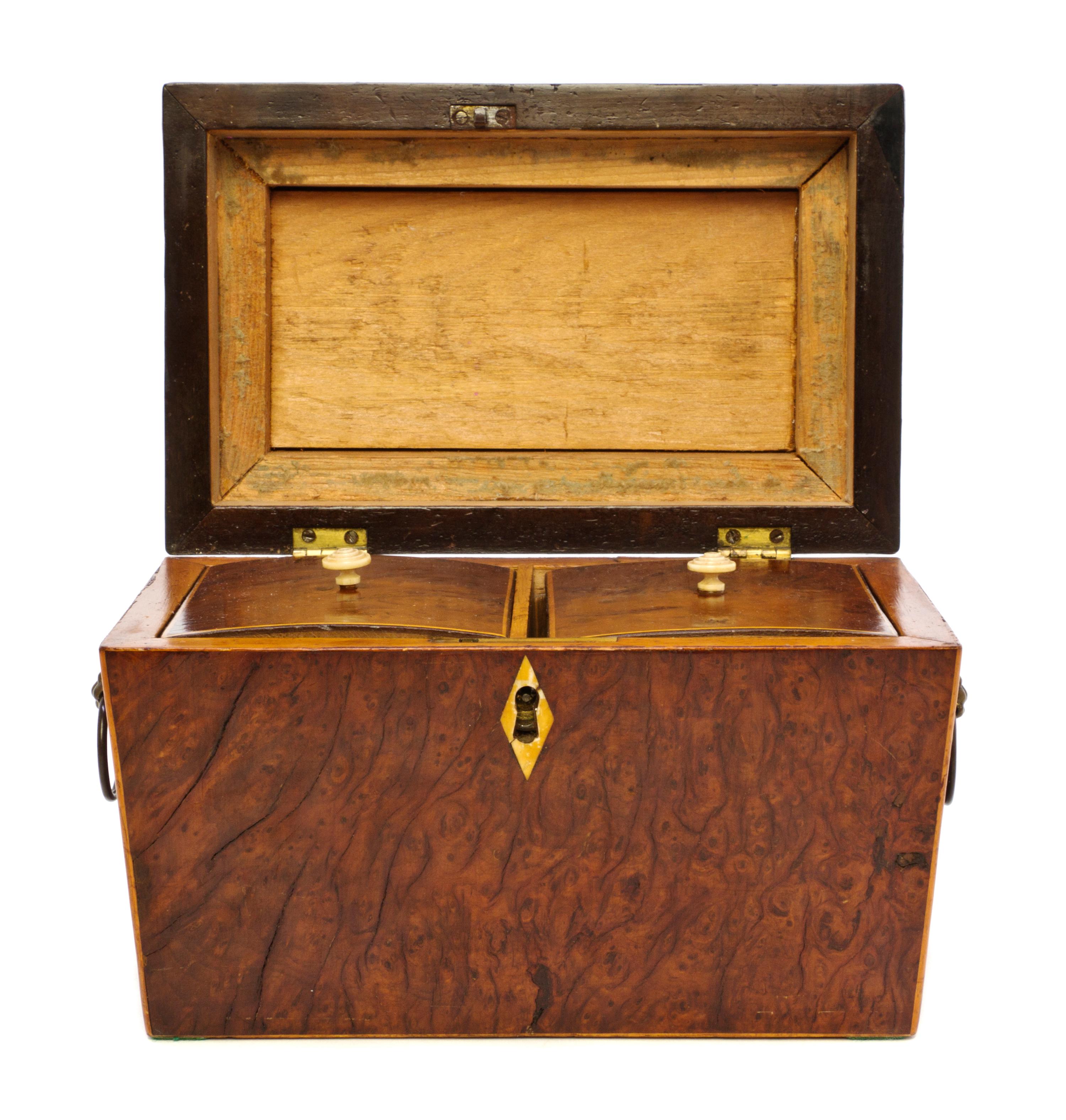 An English Burlwood Tea Caddy, Width 8 1/2 inches.
