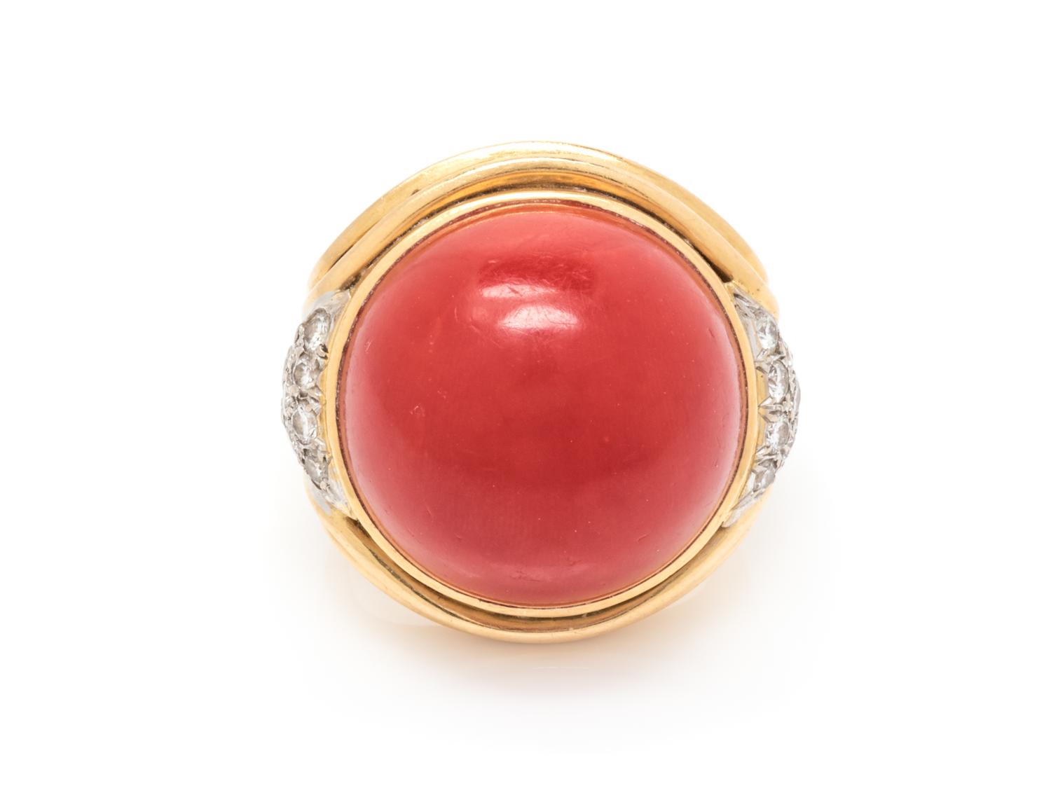 An 18 Karat Yellow Gold, Platinum, Coral and Diamond Ring, Trio,