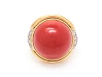 An 18 Karat Yellow Gold, Platinum, Coral and Diamond Ring, Trio,