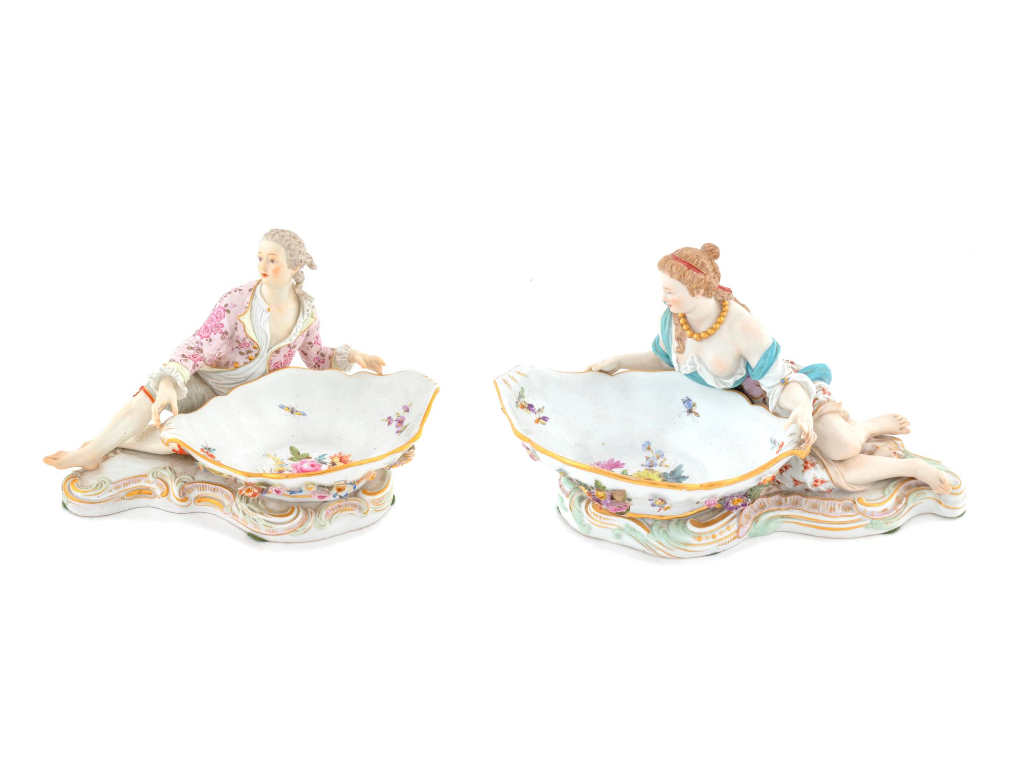 A Pair of Meissen Porcelain Figural Sweetmeat Dishes