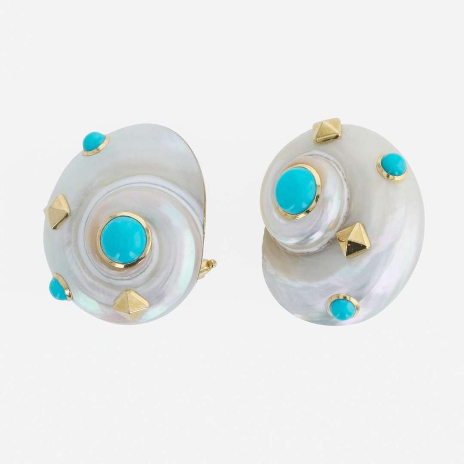 A pair of 18K yellow gold, Umbonium shell, and turquoise earrings, Trianon