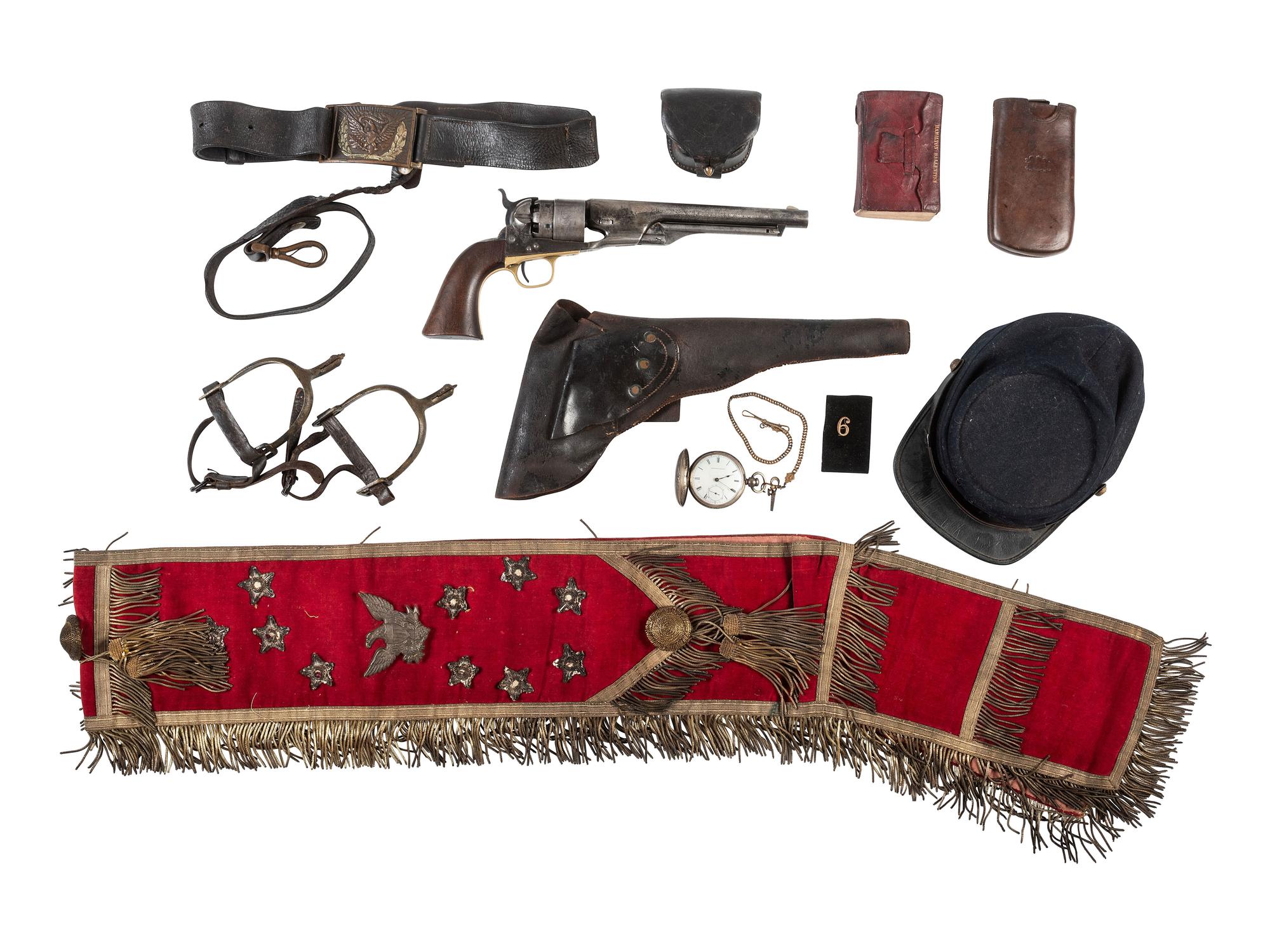 [CIVIL WAR]. Collection of militaria and related artifacts belonging to Sergeant Hamilton Ballentine Co. K, 6th Pennsylvania Cavalry, highlighted by 1860 Army pistol, holster, flask, and cap pouch.