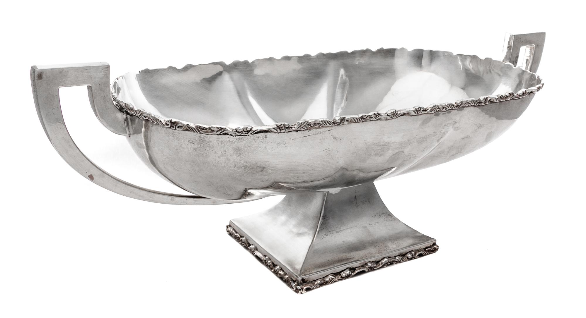 A Mexican Silver Center Bowl, Plata Villa, Mexico City, 20th Century, the twin-handled body of elongated oval form, raised on a taperin