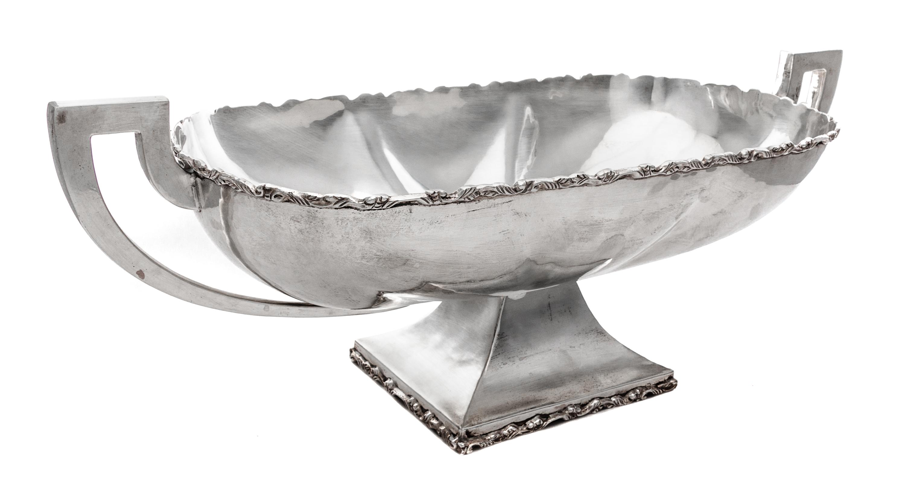 A Mexican Silver Center Bowl, Plata Villa, Mexico City, 20th Century, the twin-handled body of elongated oval form, raised on a taperin