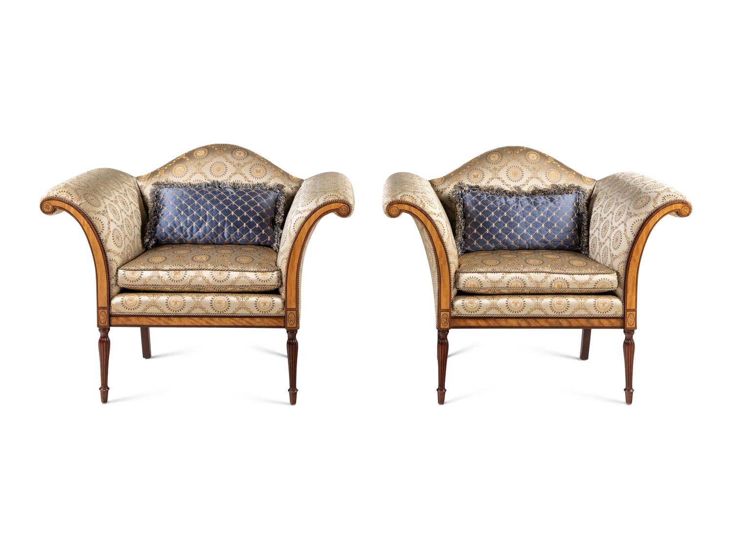 A Pair of of Regency Style Camelback Armchairs with Damask Upholstery
