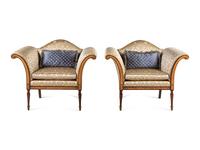 A Pair of of Regency Style Camelback Armchairs with Damask Upholstery