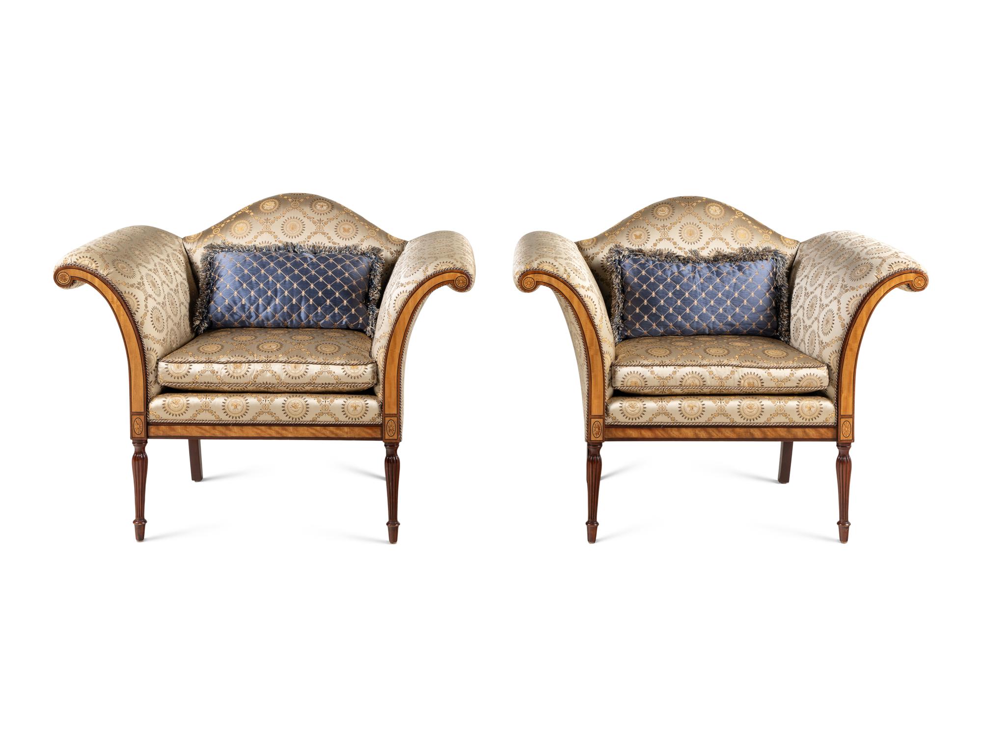 A Pair of of Regency Style Camelback Armchairs with Damask Upholstery