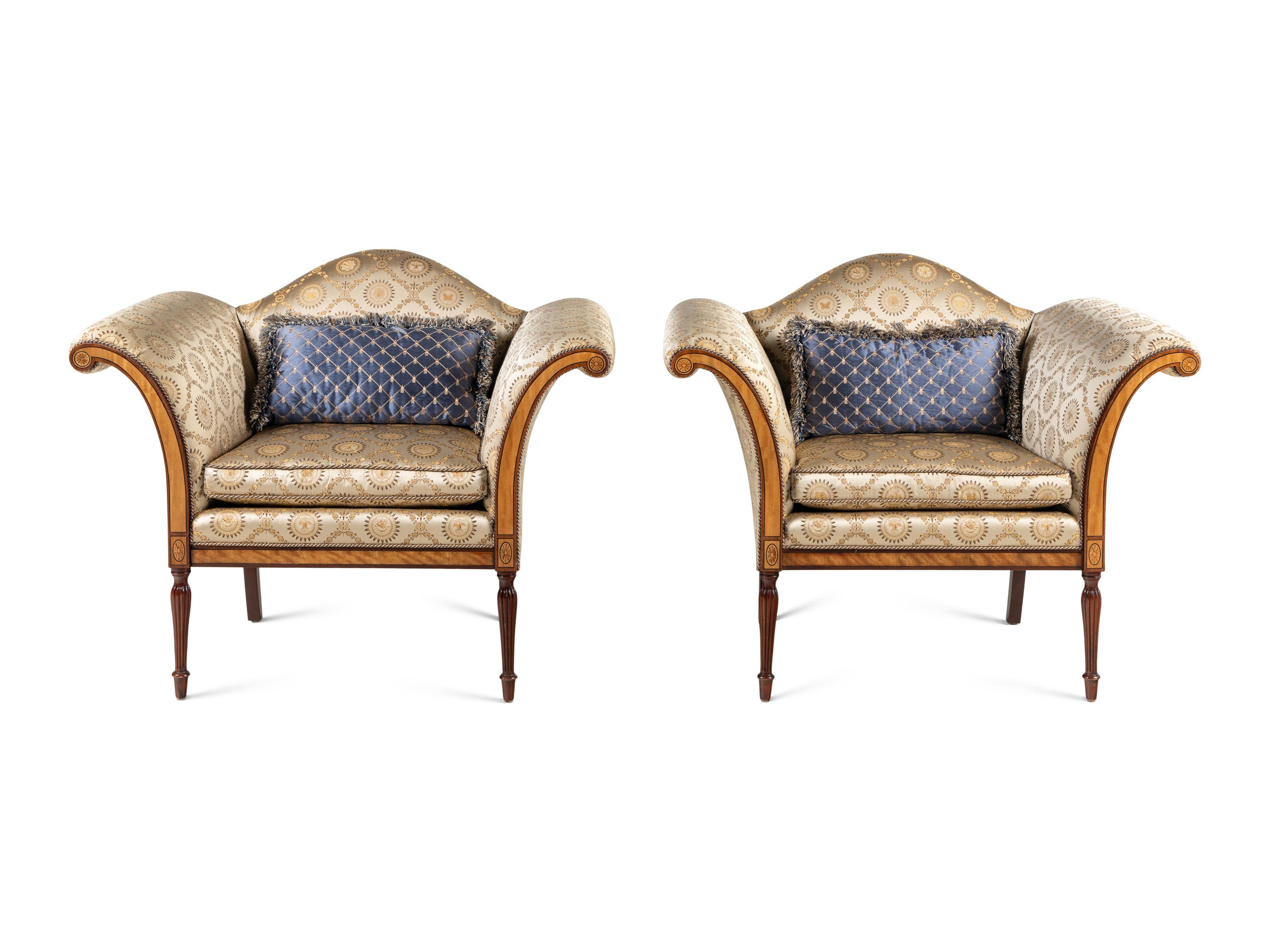 A Pair of of Regency Style Camelback Armchairs with Damask Upholstery