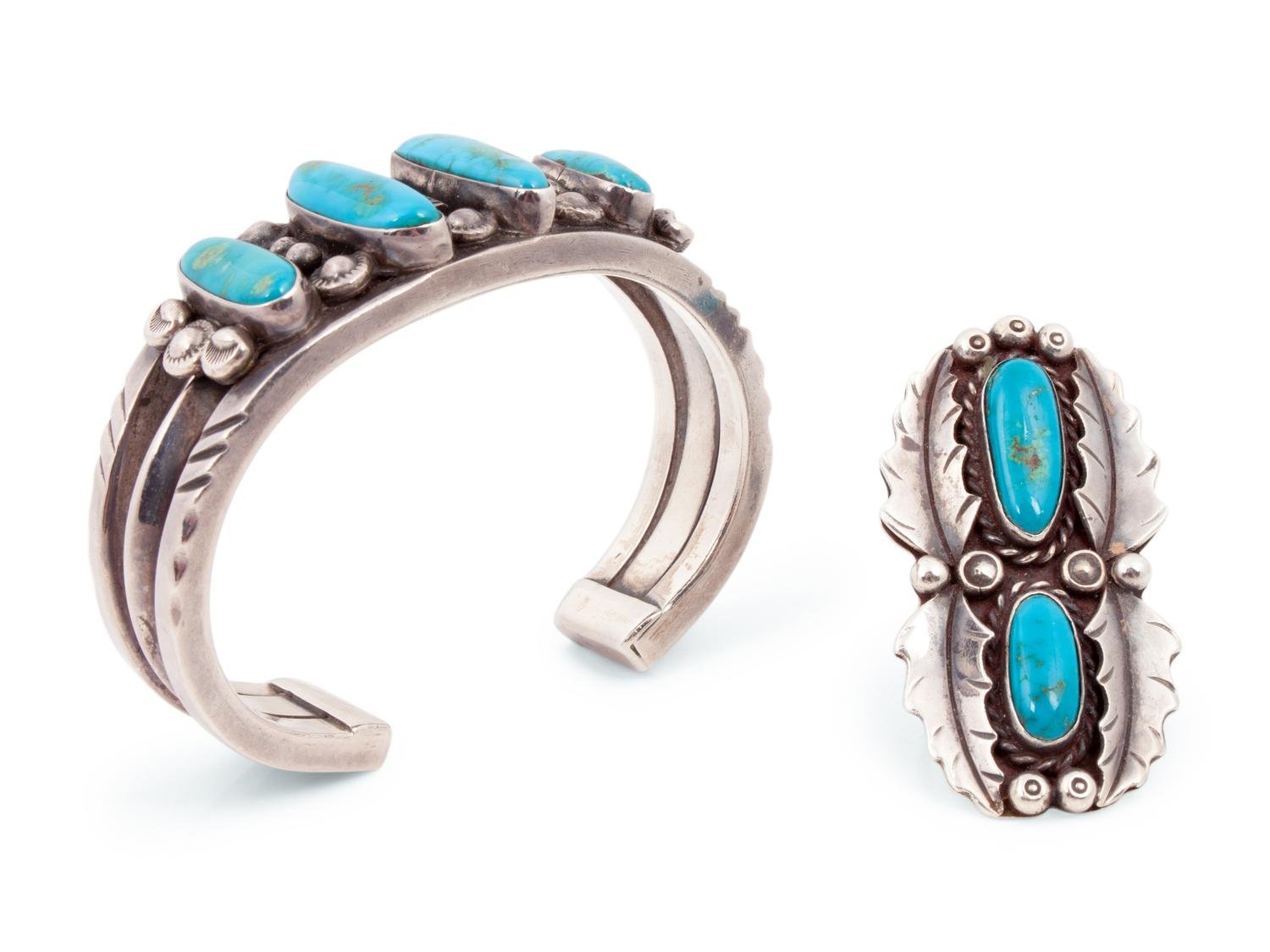 Navajo Silver and Turquoise Cuff Bracelet and Ring