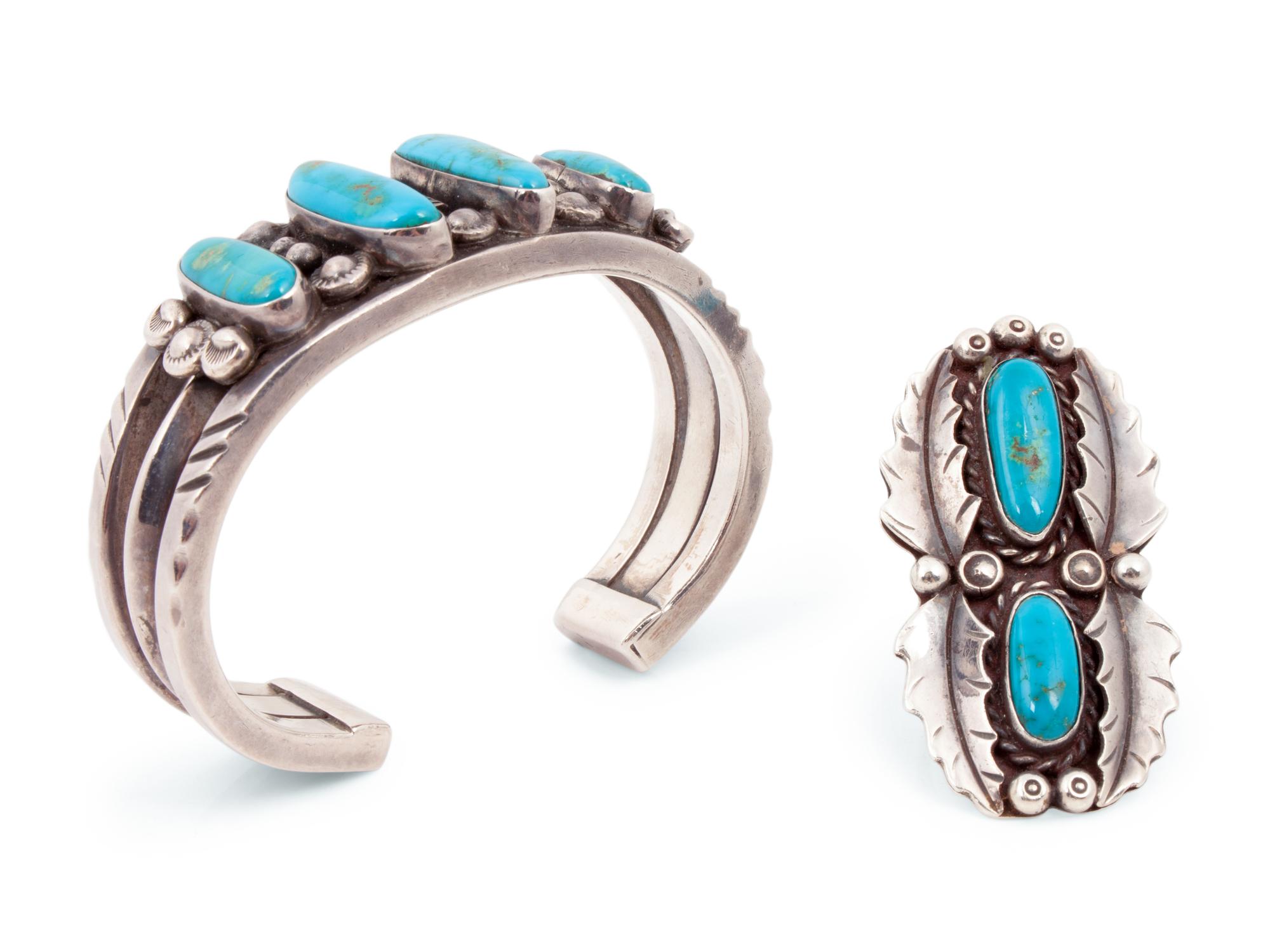 Navajo Silver and Turquoise Cuff Bracelet and Ring