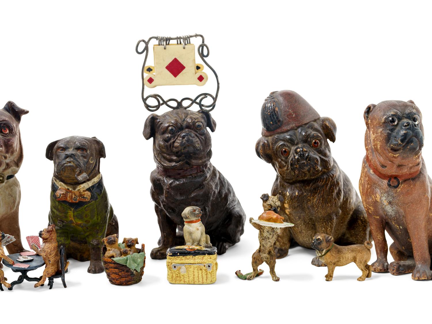 A Collection of Painted Bronze and Ceramic Models of Pugs