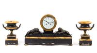 A French Bronze Mounted Marble Clock Garniture Height of clock 14 inches. — RETAILED BY TIFFANY & CO.