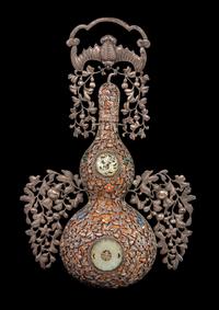 A Jade and Hardstone Embellished Silver Mounted Gourd-Form Wall Vase