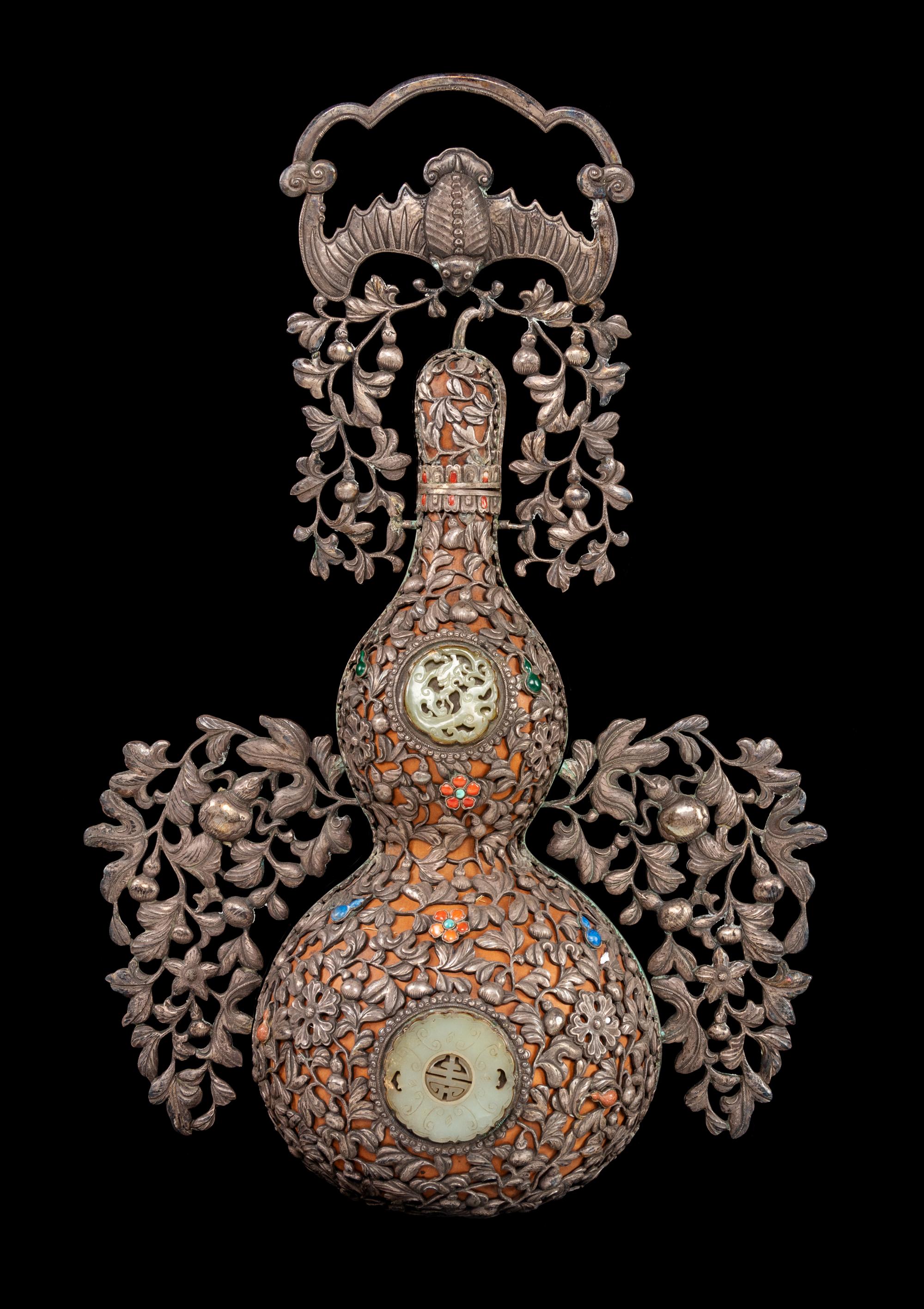 A Jade and Hardstone Embellished Silver Mounted Gourd-Form Wall Vase