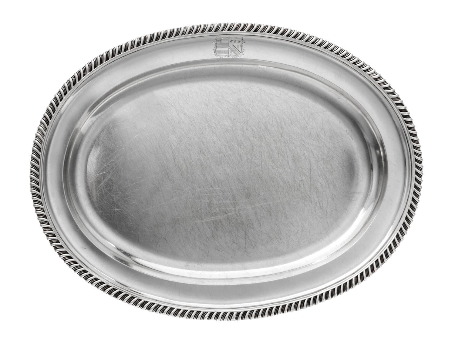 A William IV Silver Meat Platter, Paul Storr, London, 1832, retailed by Storr & Mortimer, London, of oval form with an engraved coat of