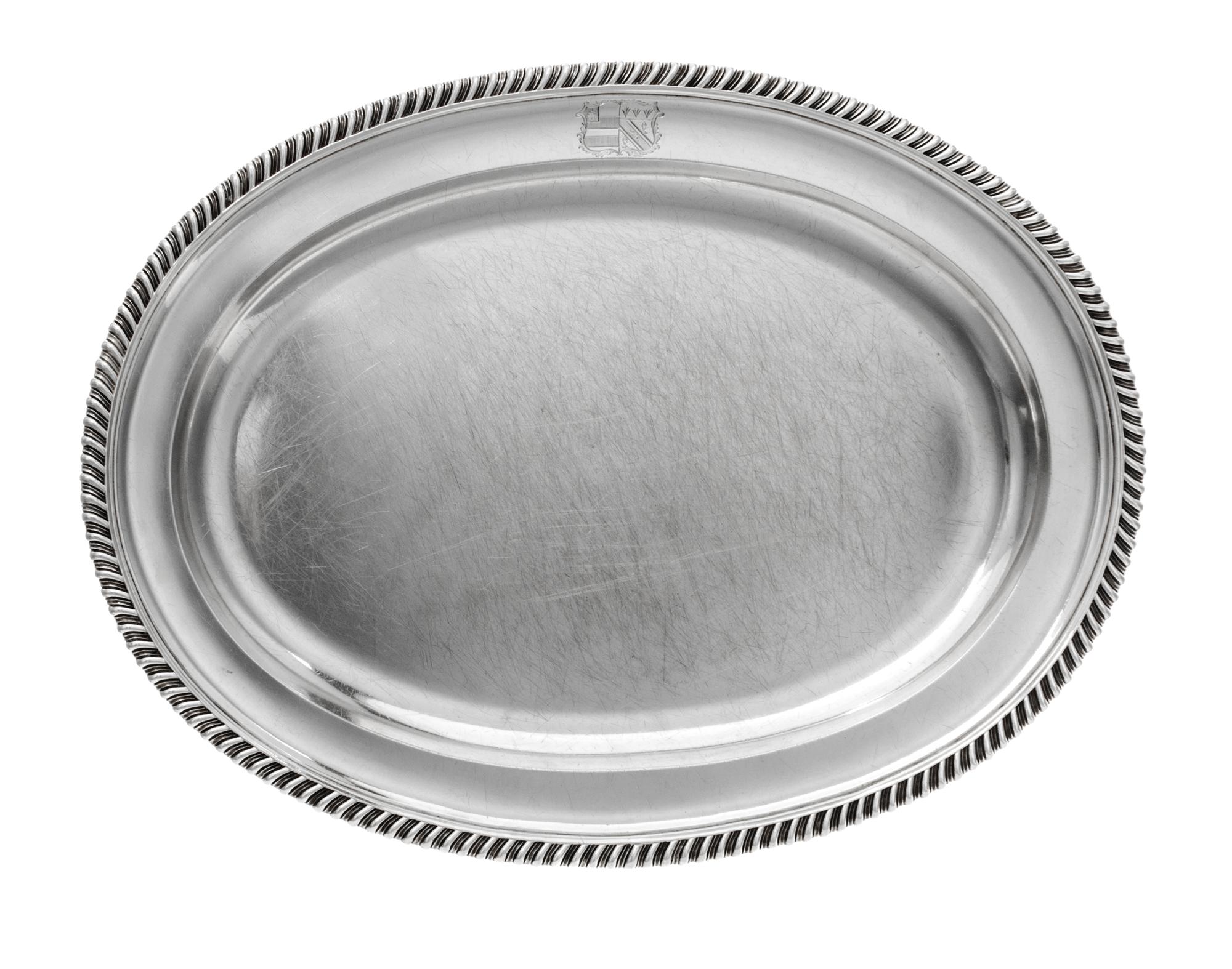 A William IV Silver Meat Platter, Paul Storr, London, 1832, retailed by Storr & Mortimer, London, of oval form with an engraved coat of