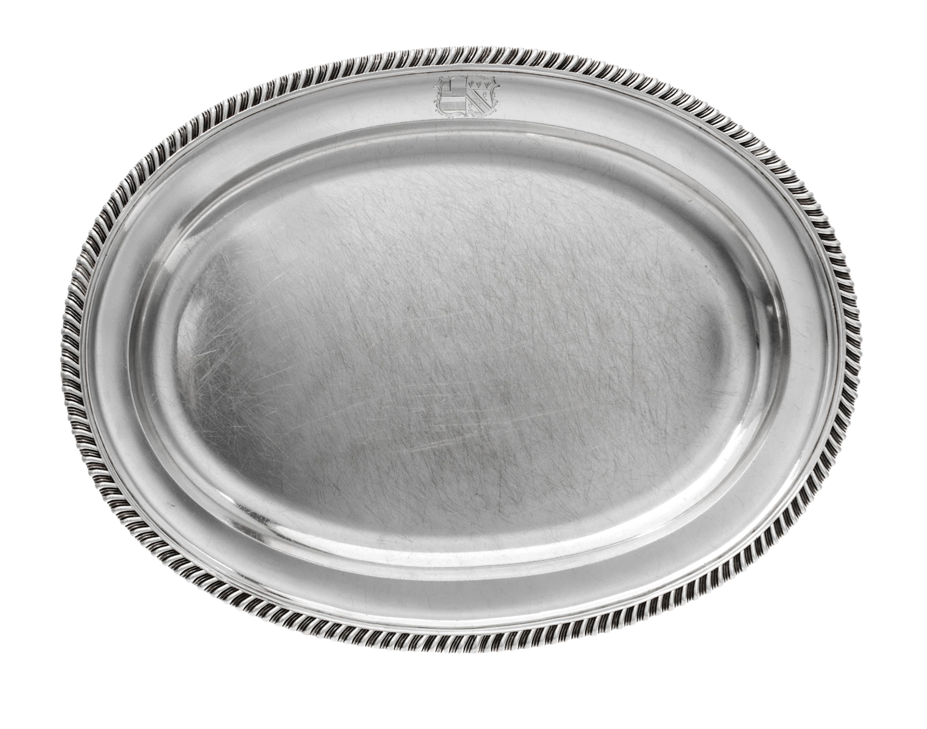 A William IV Silver Meat Platter, Paul Storr, London, 1832, retailed by Storr & Mortimer, London, of oval form with an engraved coat of