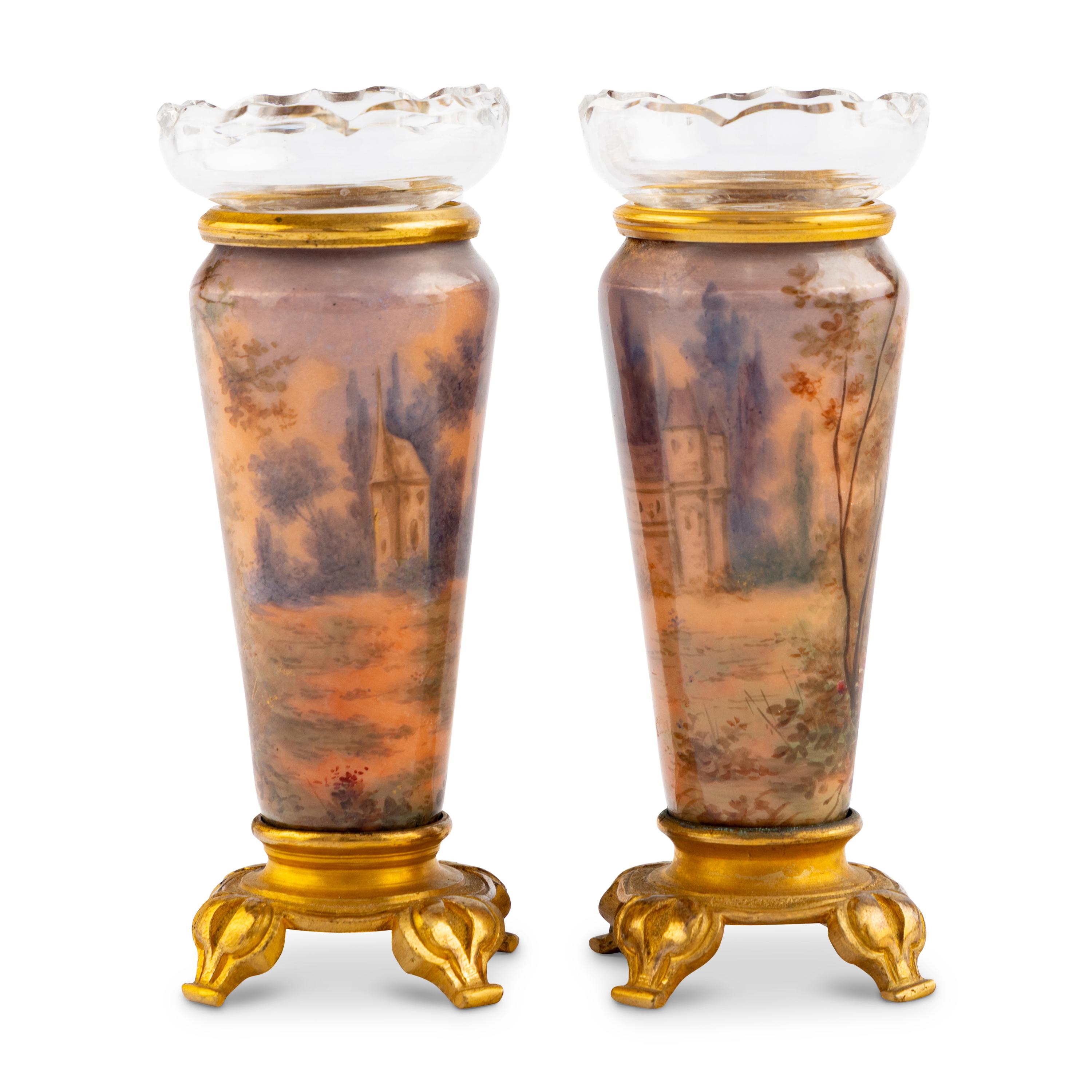 A Pair of French Enamel and Gilt Bronze Small Vases