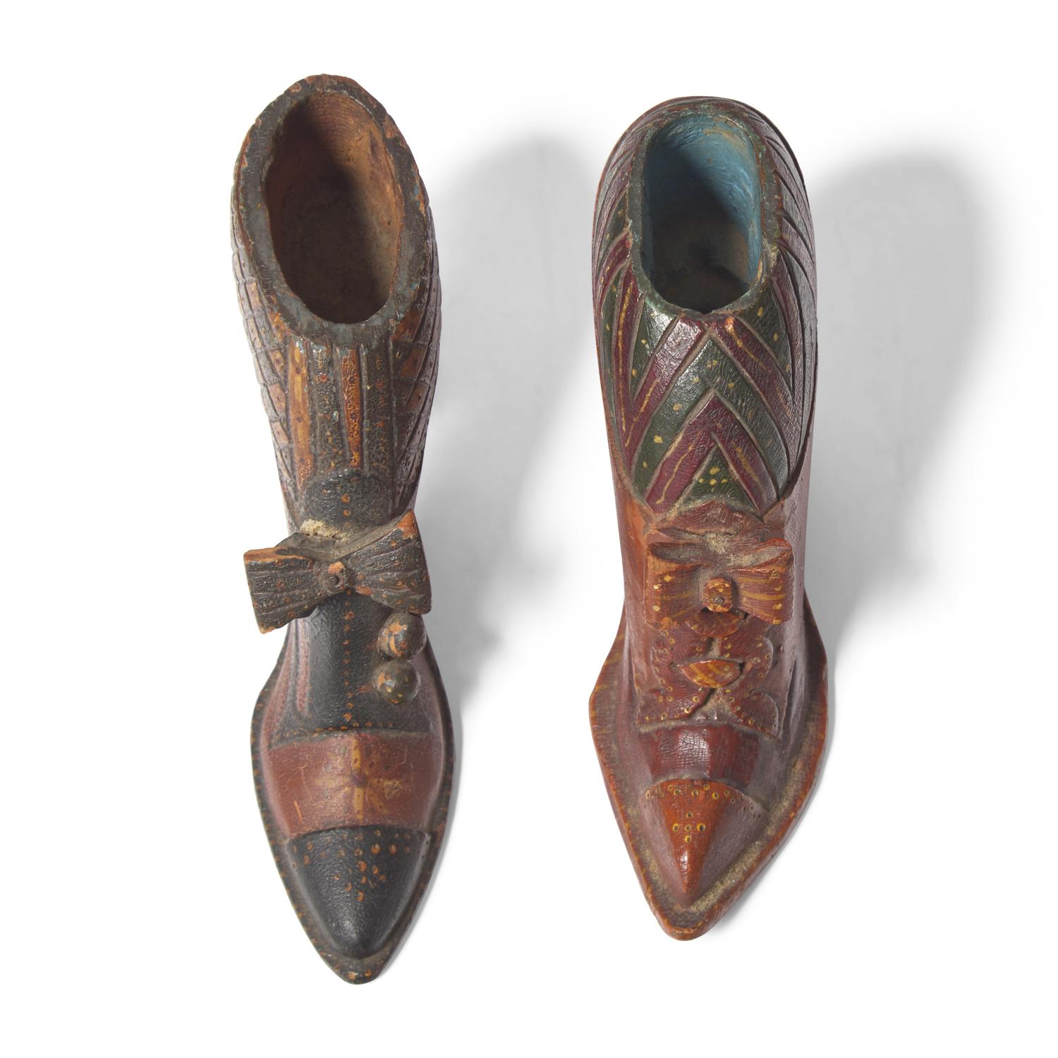 Two Painted Wood Pin Cushion Holders in the Form of Shoes