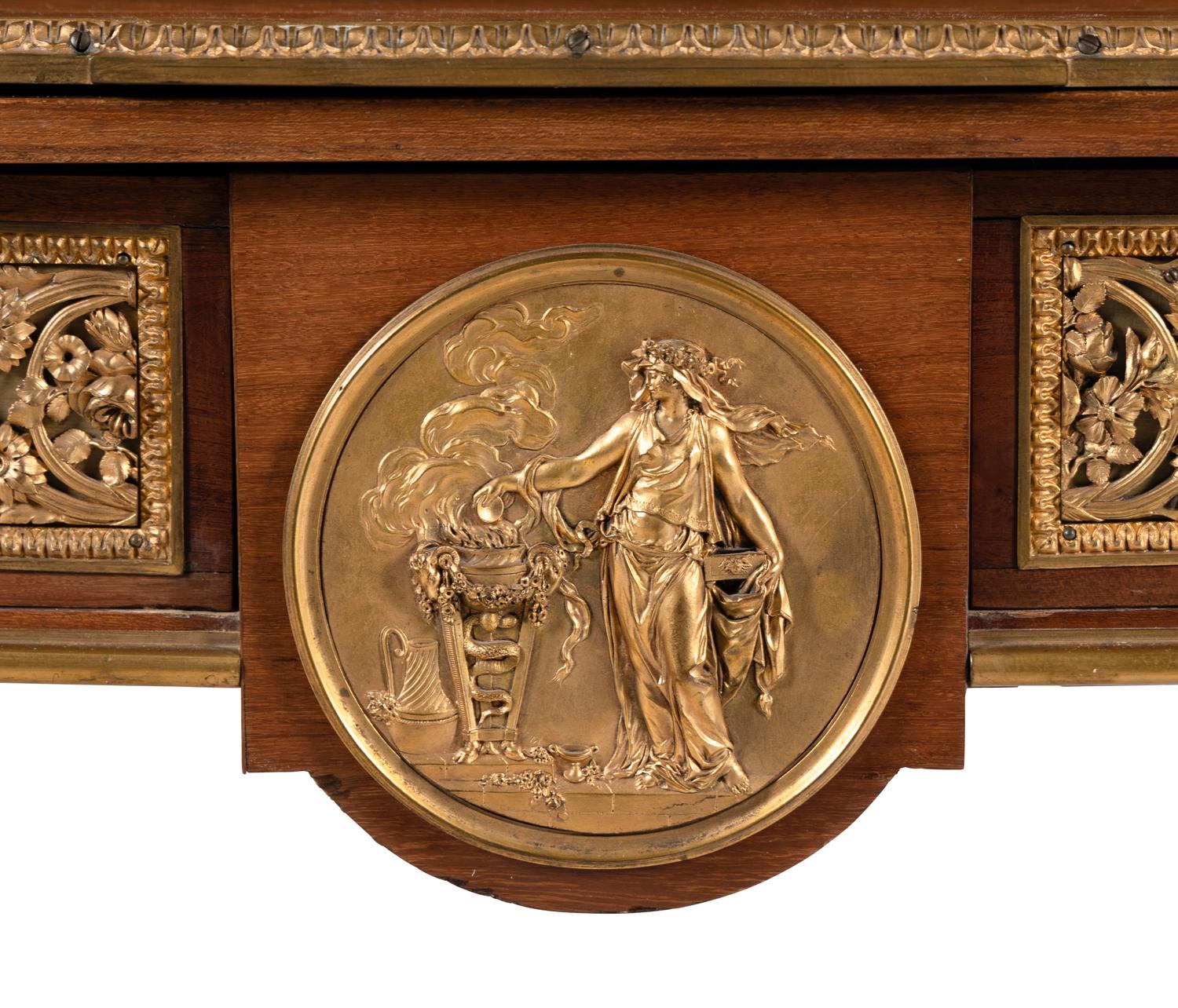 A Louis XVI Style Gilt Bronze Mounted Amaranth, Burr Maple and Kingwood Parquetry Marble-Top Bonheur du Jour