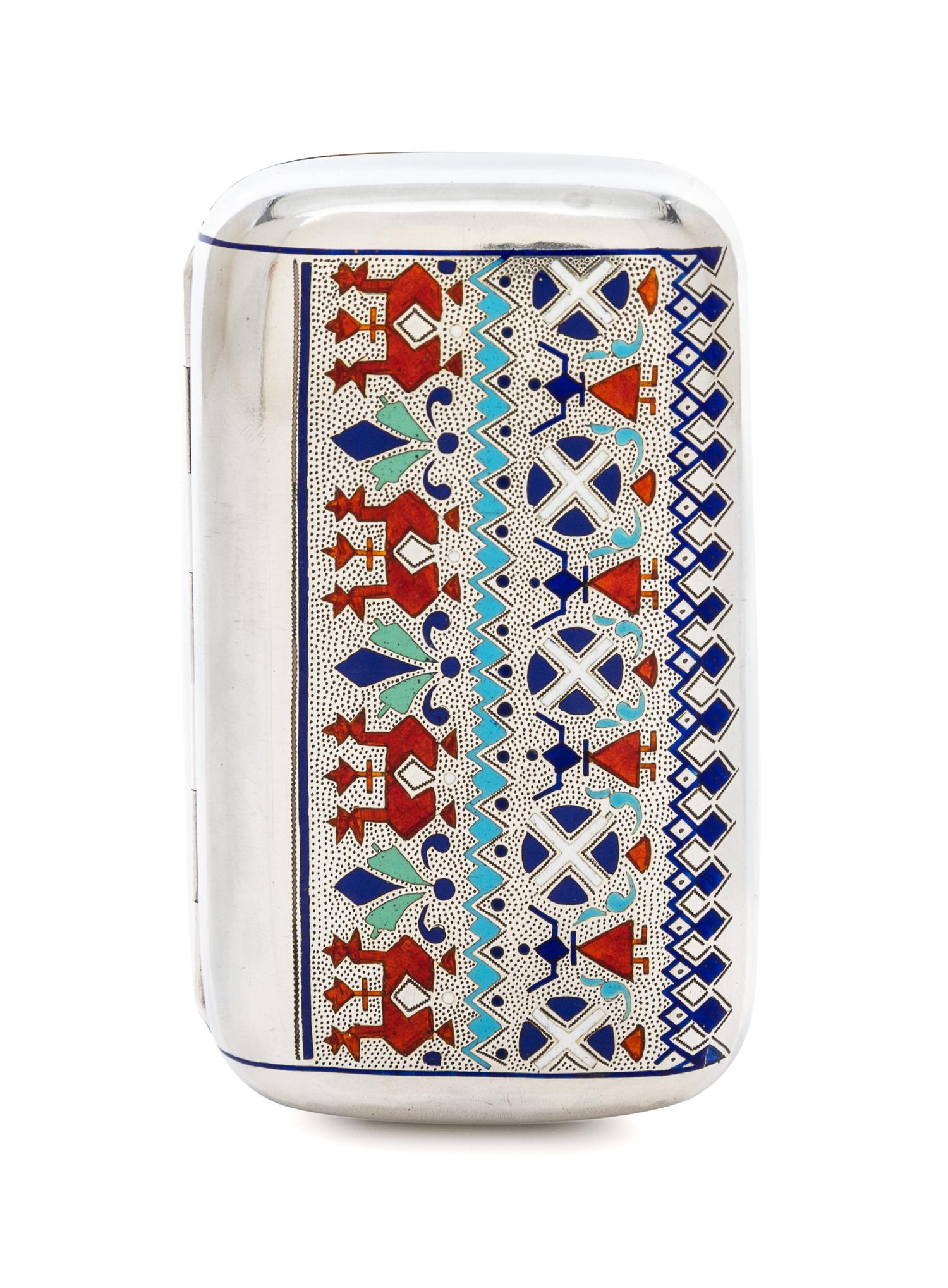A Russian Enameled Silver Cigarette Case, Maker's mark JAL, St. Petersburg, late 19th century, the case decorated with abstracted polyc