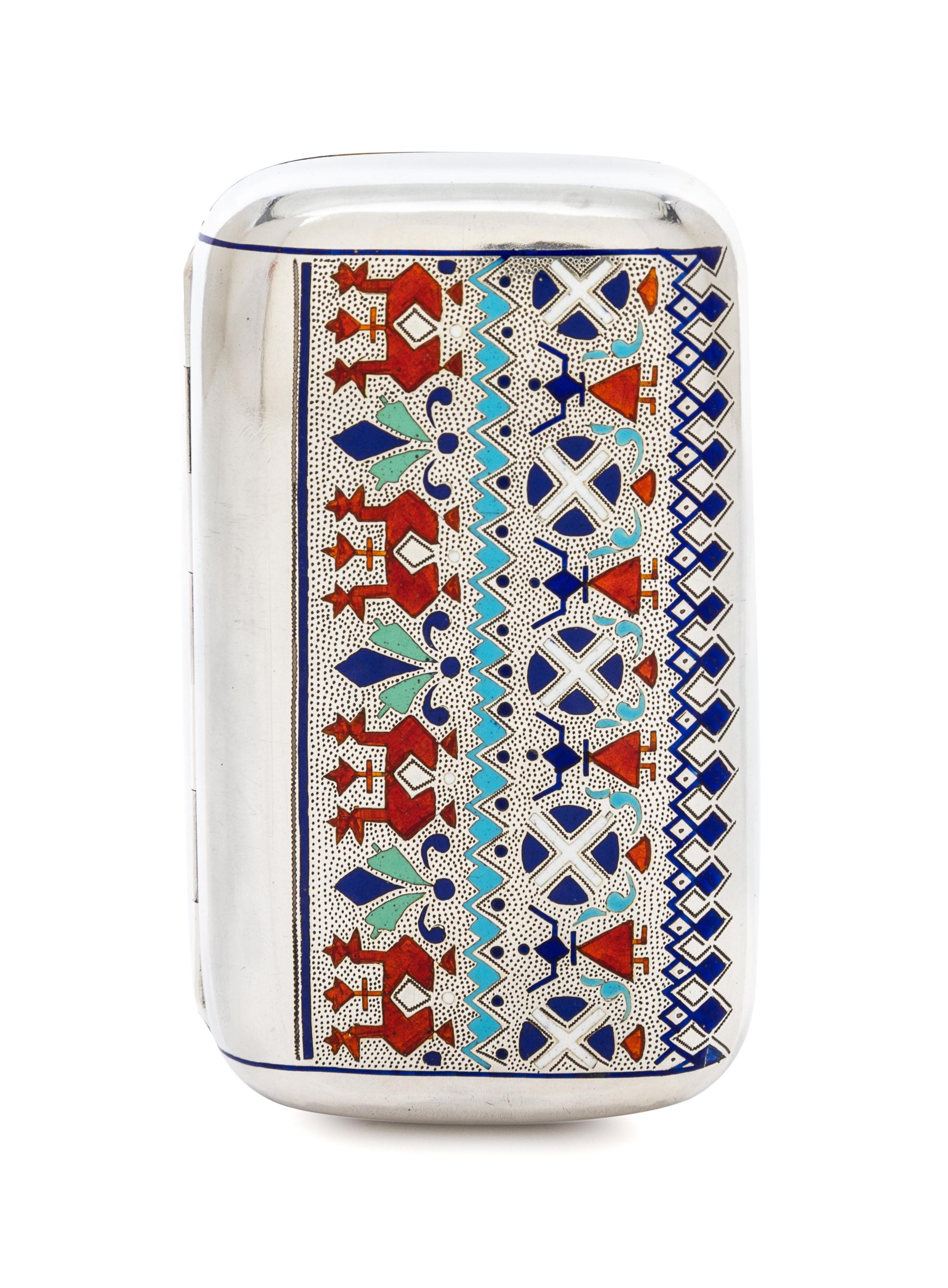 A Russian Enameled Silver Cigarette Case, Maker's mark JAL, St. Petersburg, late 19th century, the case decorated with abstracted polyc