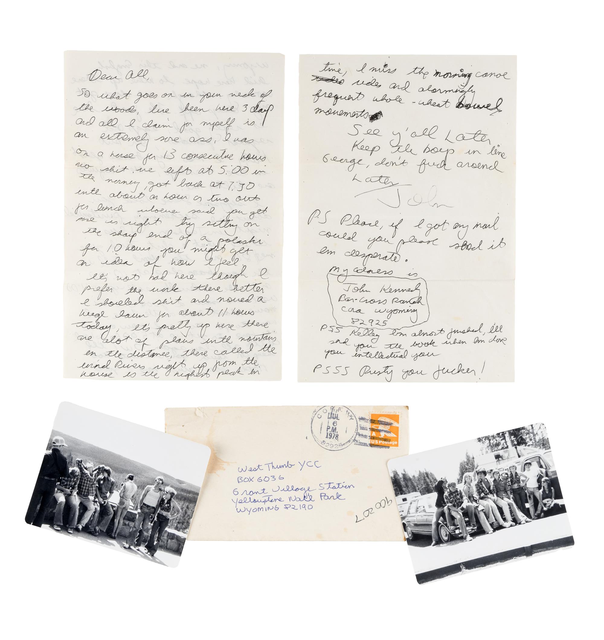 KENNEDY, John F., Jr. (1960-1999). Autograph letter signed ("John"), to a group of counselors from the West Thumb Youth Conservation Corps. Bar Cross Ranch, Cora, Wyoming, 6 July 1978.
