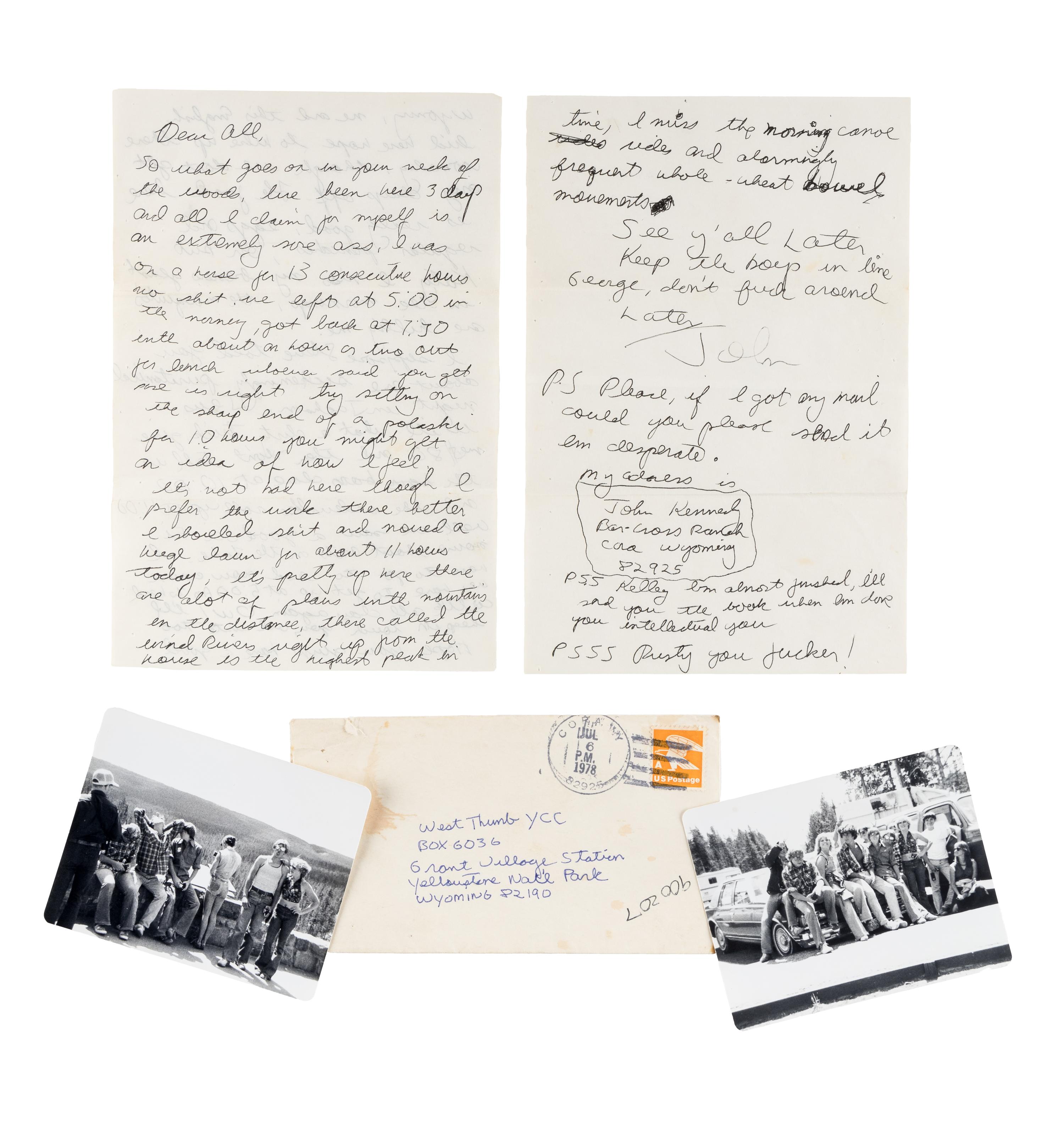 KENNEDY, John F., Jr. (1960-1999). Autograph letter signed ("John"), to a group of counselors from the West Thumb Youth Conservation Corps. Bar Cross Ranch, Cora, Wyoming, 6 July 1978.
