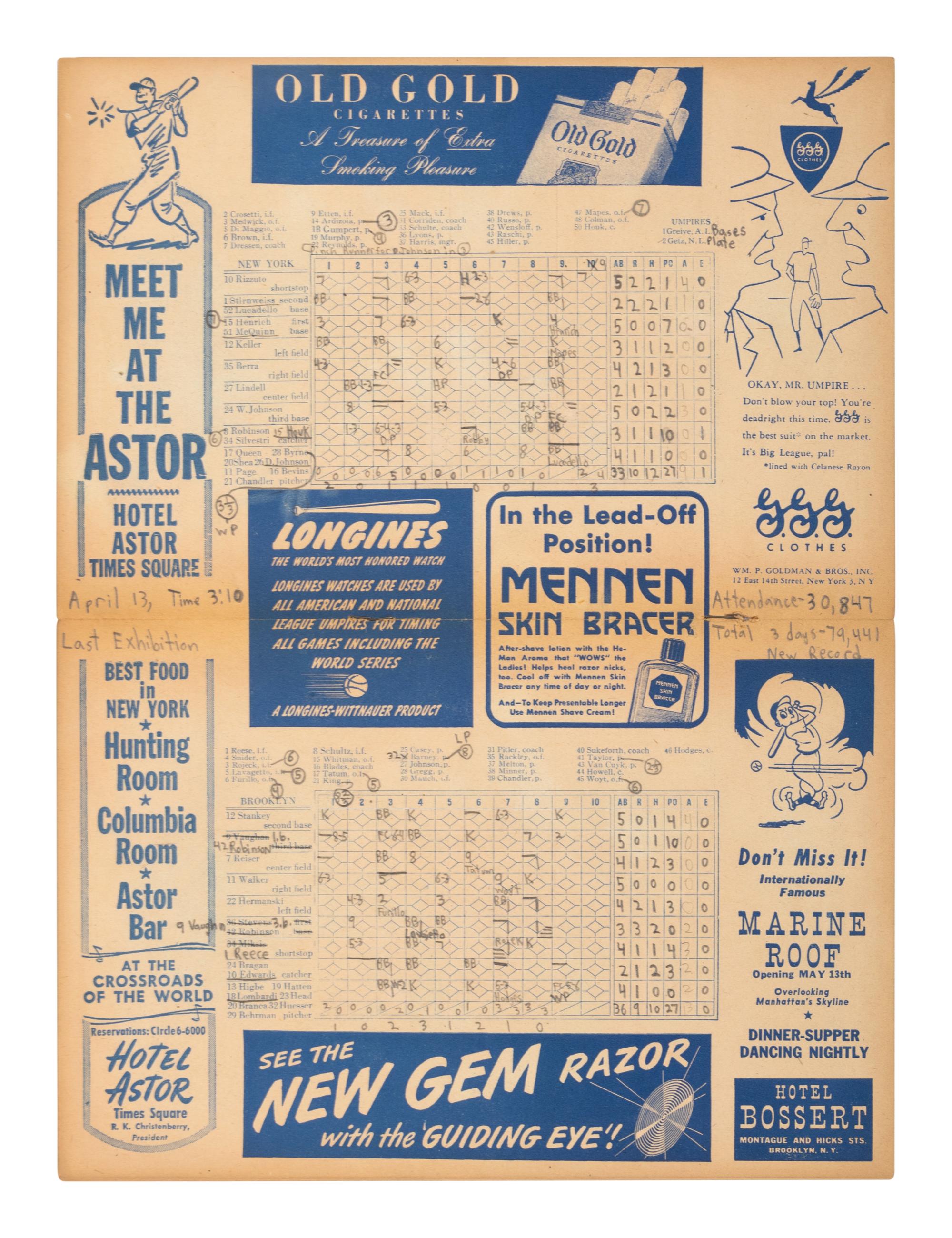 An Original April 13, 1947 Brooklyn Dodgers vs. New York Yankees Ebbets Field Program / Scorecard from Jackie Robinson's Last Exhibition Game Before Major League Debut
