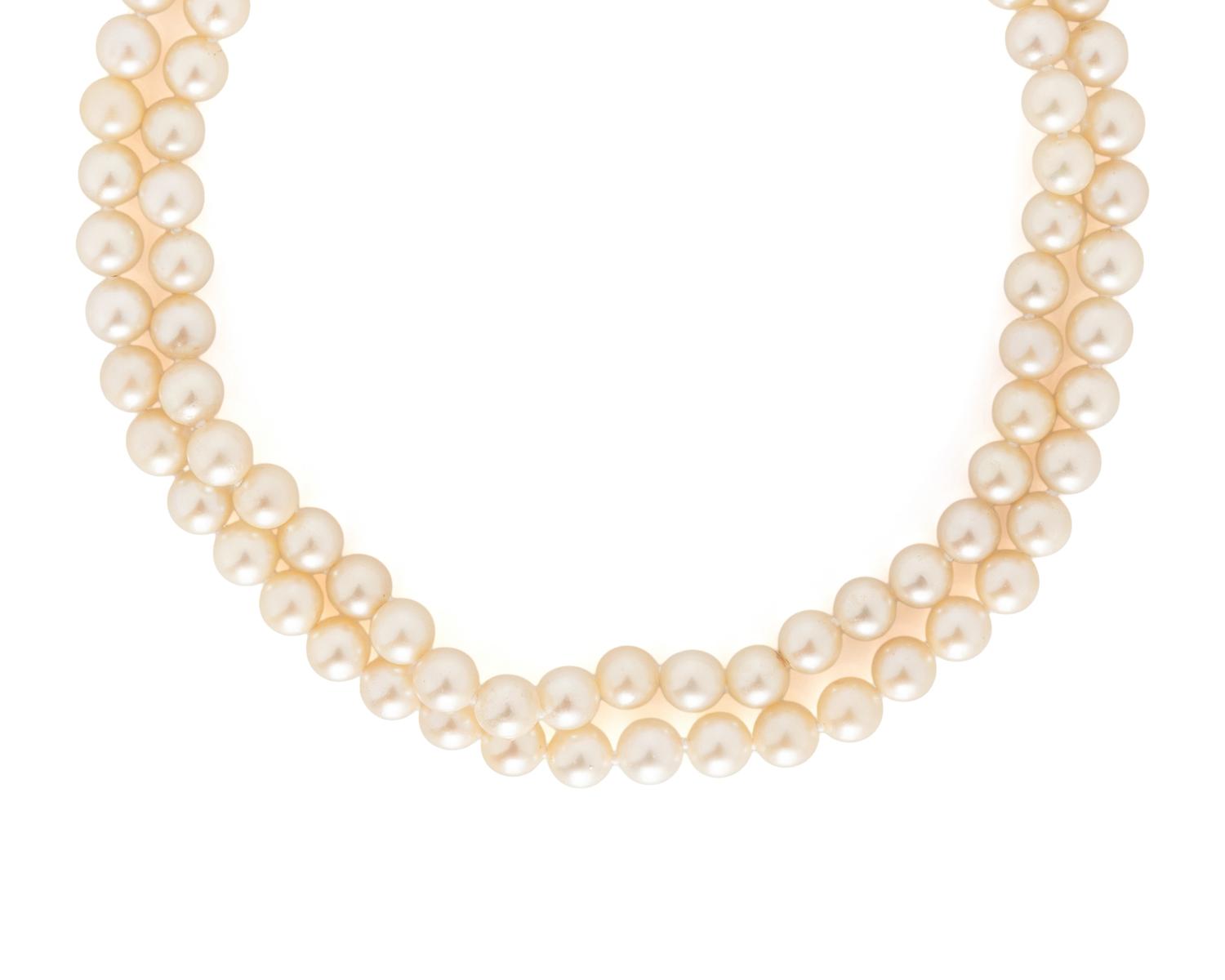 DOUBLE STRAND CULTURED PEARL AND DIAMOND NECKLACE