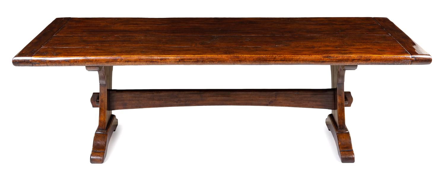 A Renaissance Style Walnut Trestle Table Height 30 3/8 x width 96 x depth 44 inches. — INCORPORATING 17TH CENTURY ELEMENTS