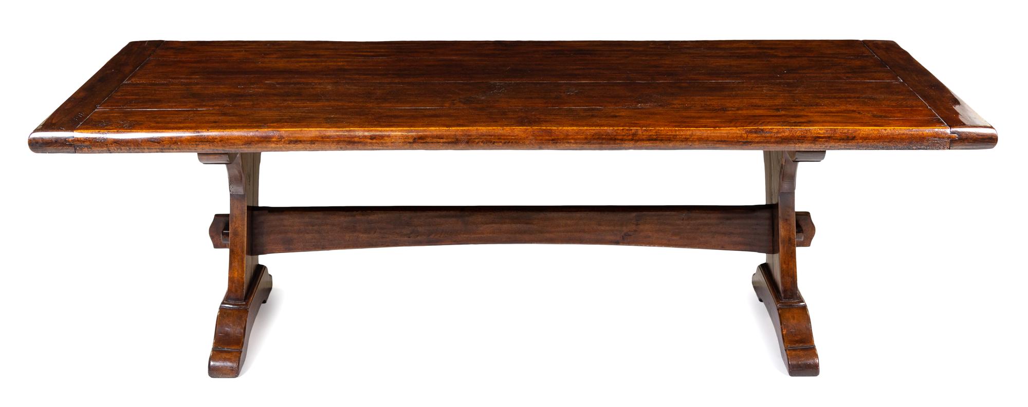 A Renaissance Style Walnut Trestle Table Height 30 3/8 x width 96 x depth 44 inches. — INCORPORATING 17TH CENTURY ELEMENTS