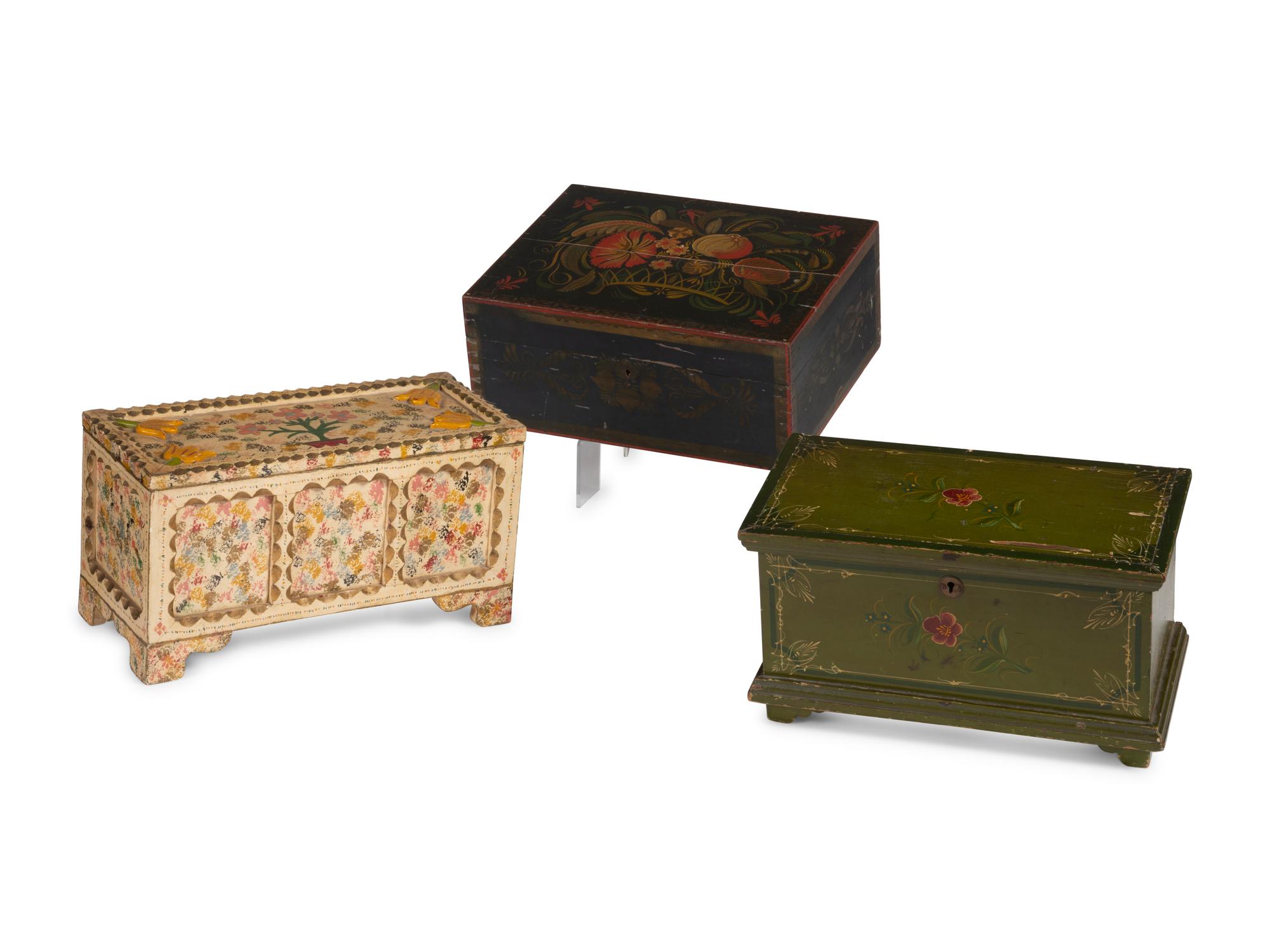 Three Folk Art Painted Wood Boxes