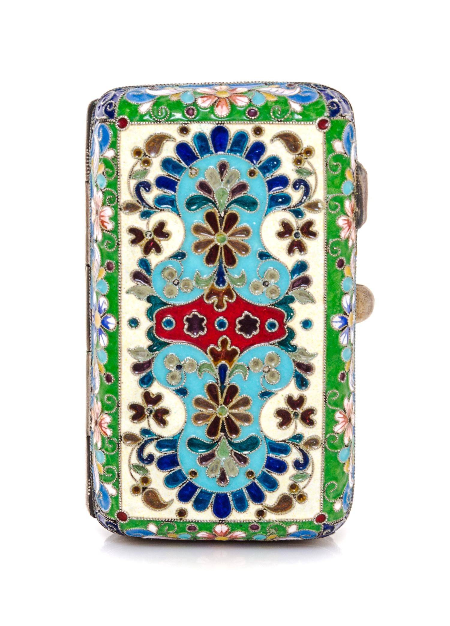 A Russian Enameled Silver and Plique-a-Jour Cigarette Case, , the lid and underside with floral and foliate decoration, the sides with