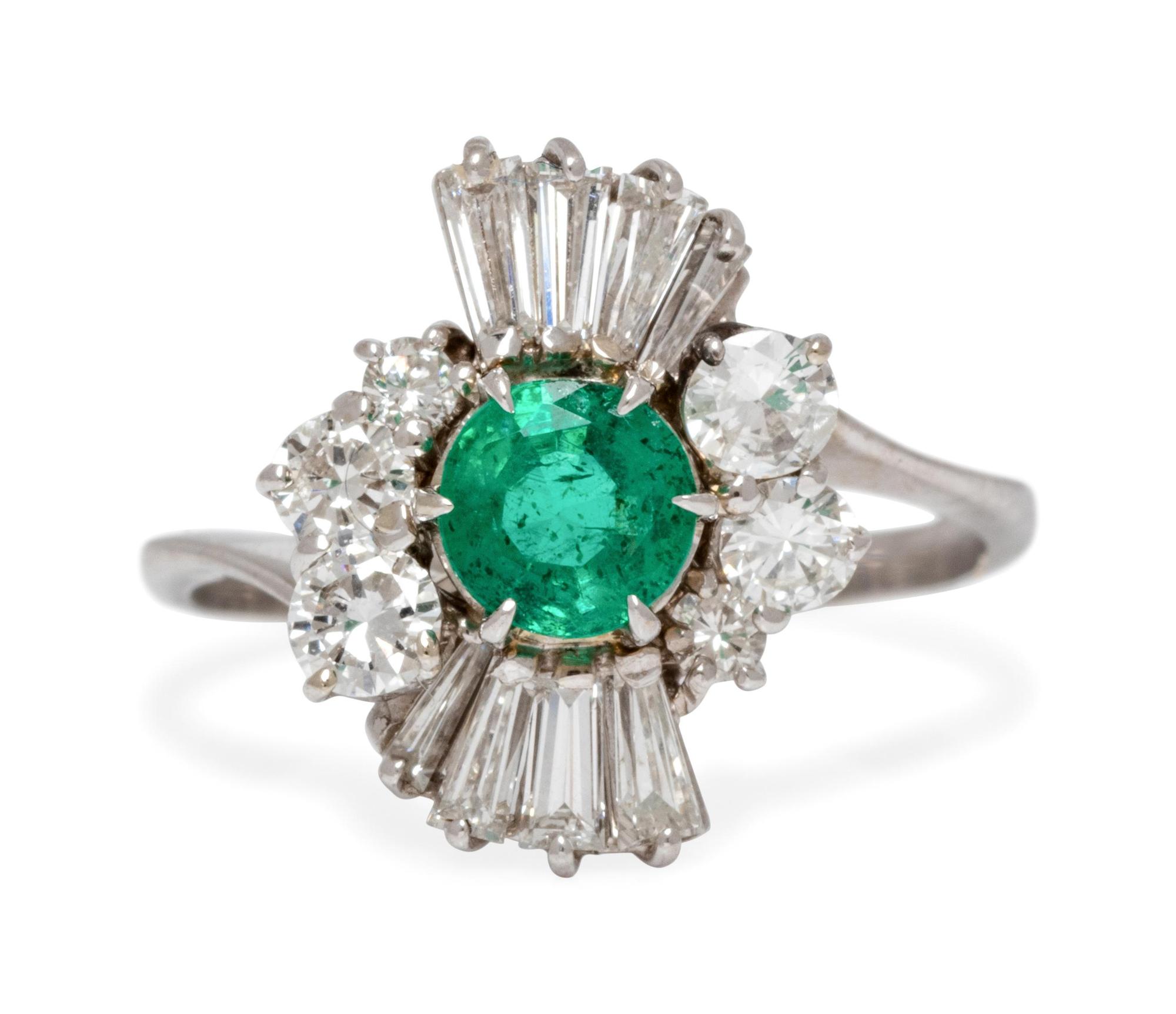 A White Gold, Emerald and Diamond Ring,