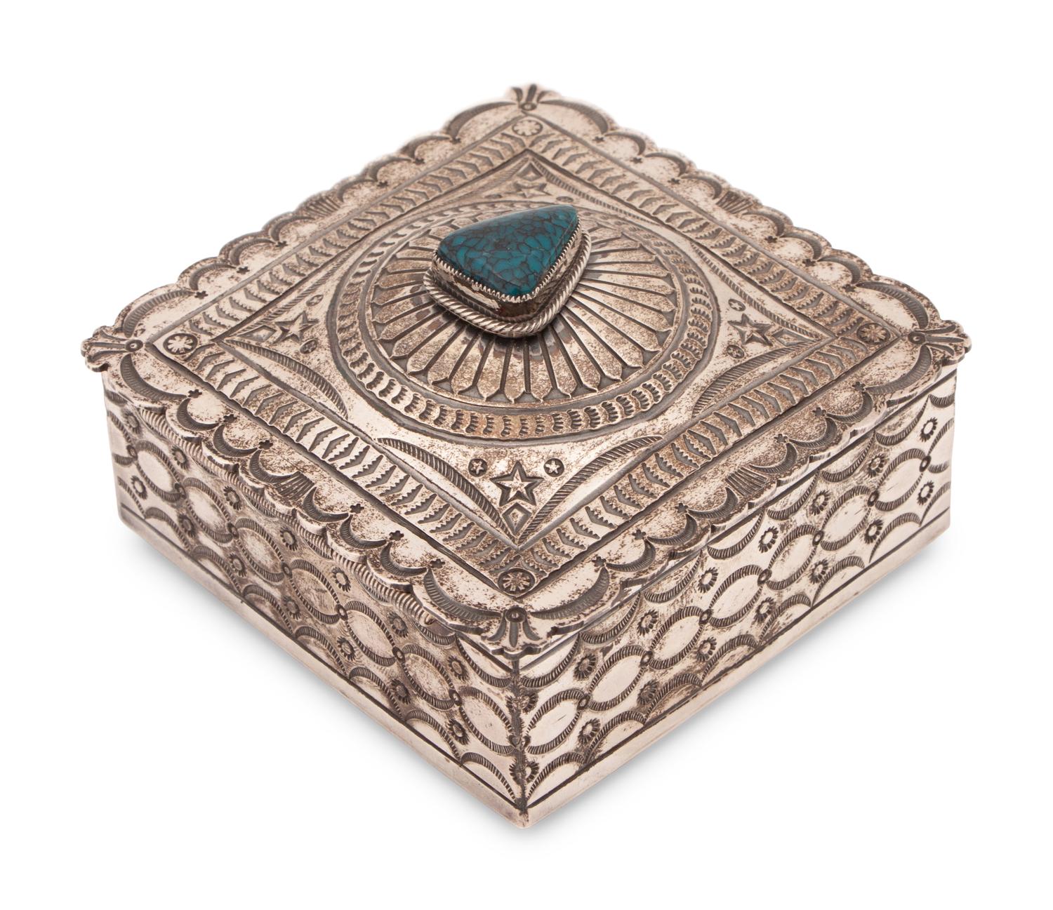 Heavily Stamped Sterling Silver and Turquoise Lidded Box