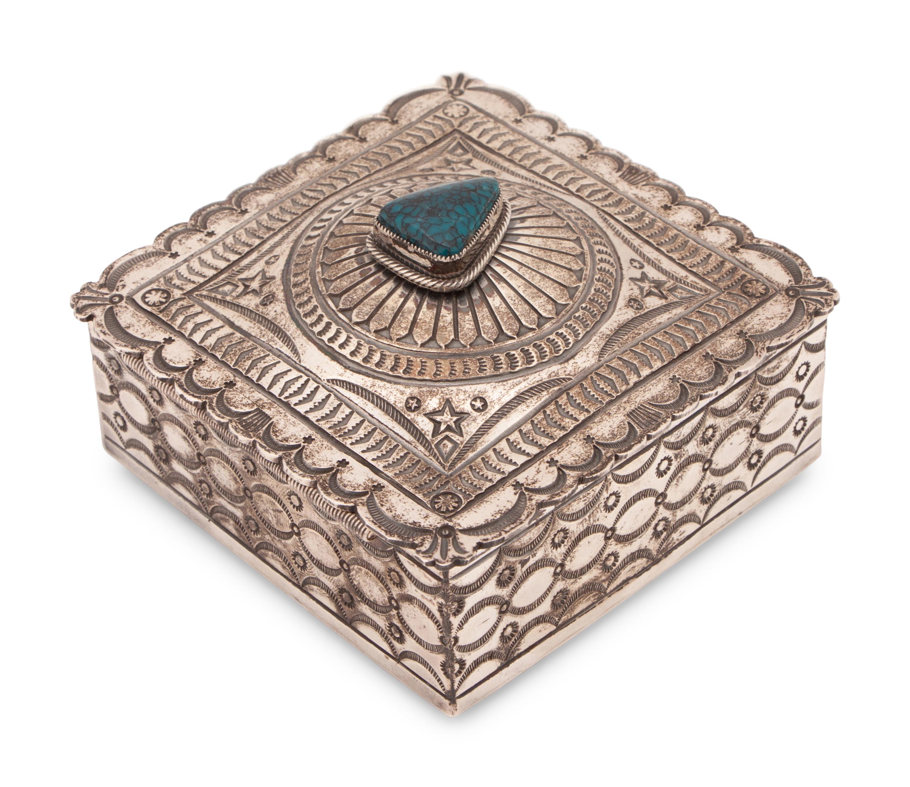 Heavily Stamped Sterling Silver and Turquoise Lidded Box