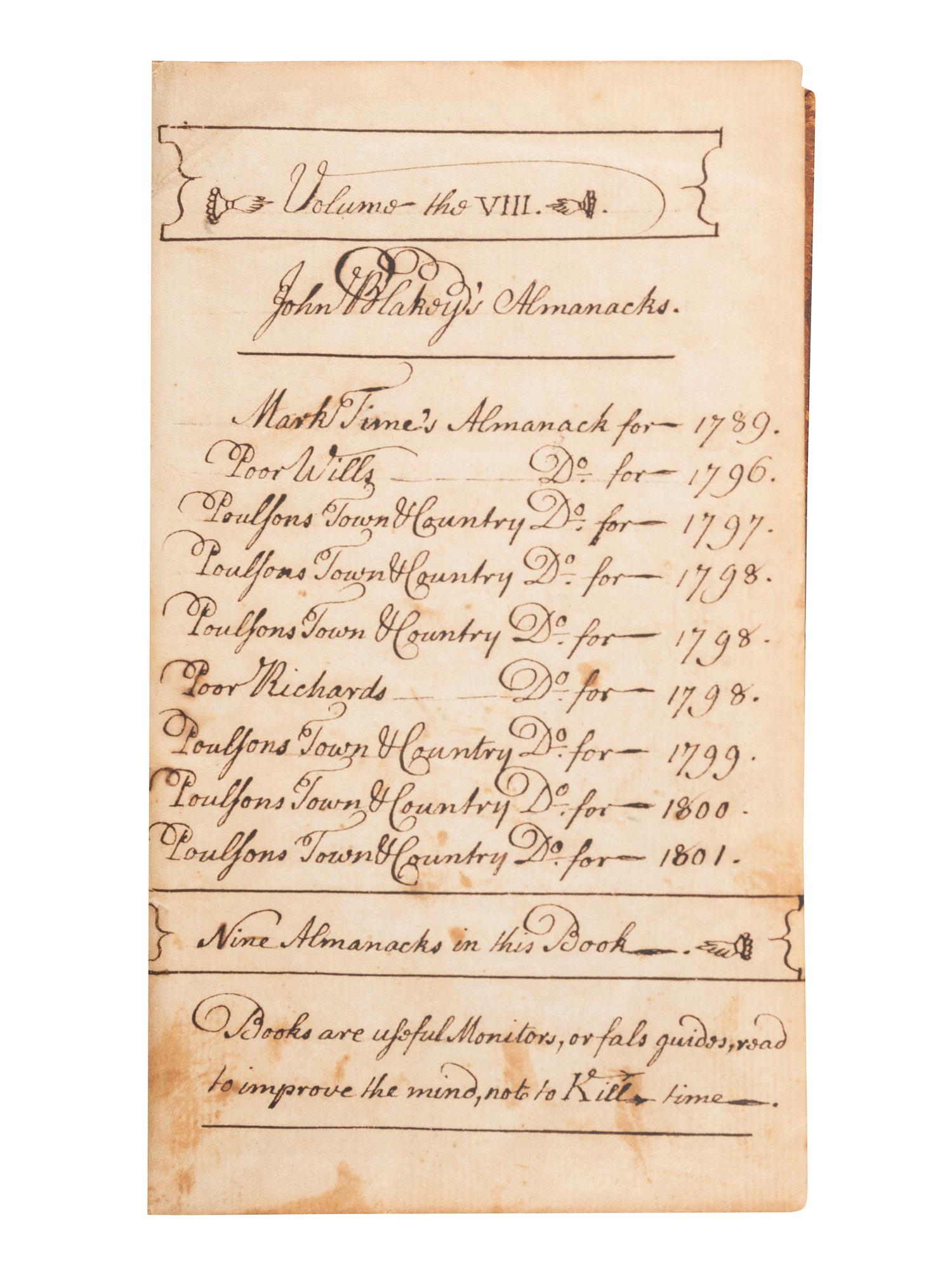 [ALMANACS]. A sammelband of 18th century American almanacs, including The Pennsylvania Alamanack, Poor Will's Almanack, Poulson's Town and Country Almanac, and Poor Richard Improved. 1789-1800.