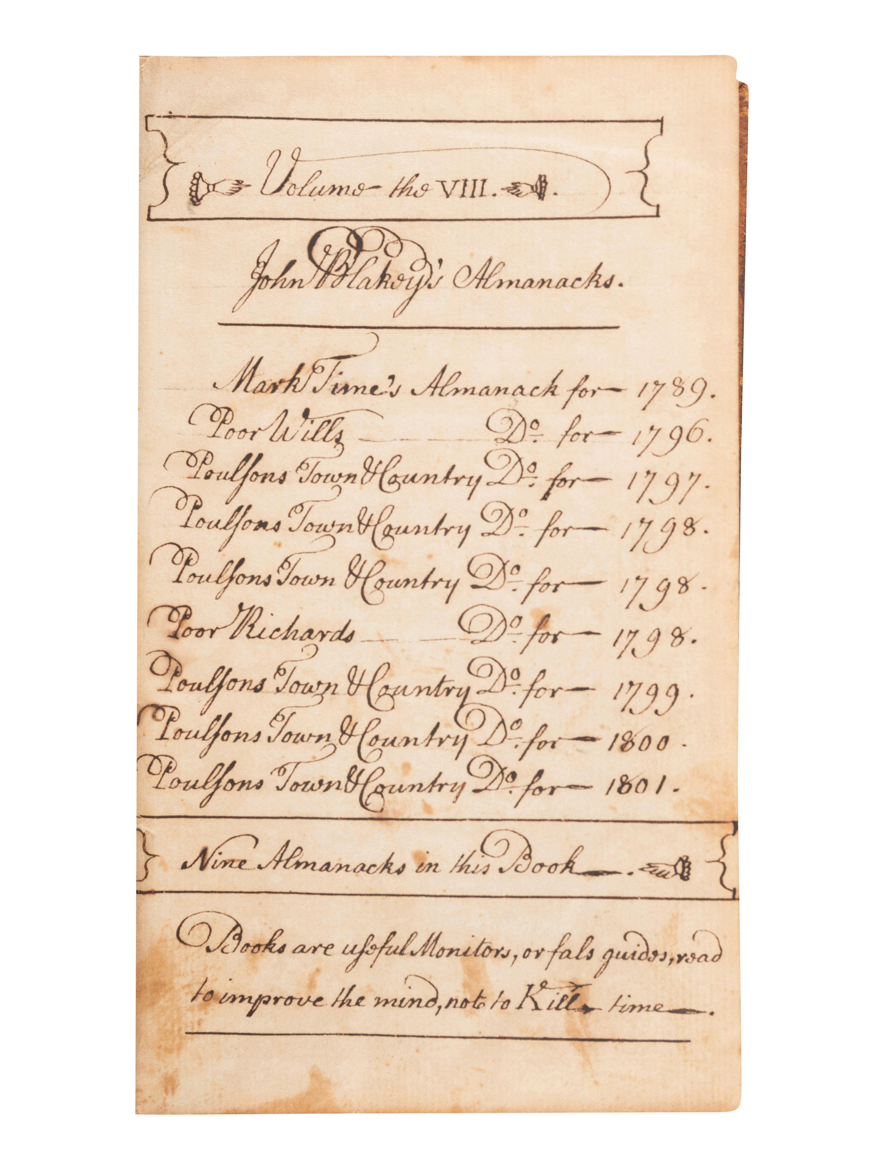 [ALMANACS]. A sammelband of 18th century American almanacs, including The Pennsylvania Alamanack, Poor Will's Almanack, Poulson's Town and Country Almanac, and Poor Richard Improved. 1789-1800.