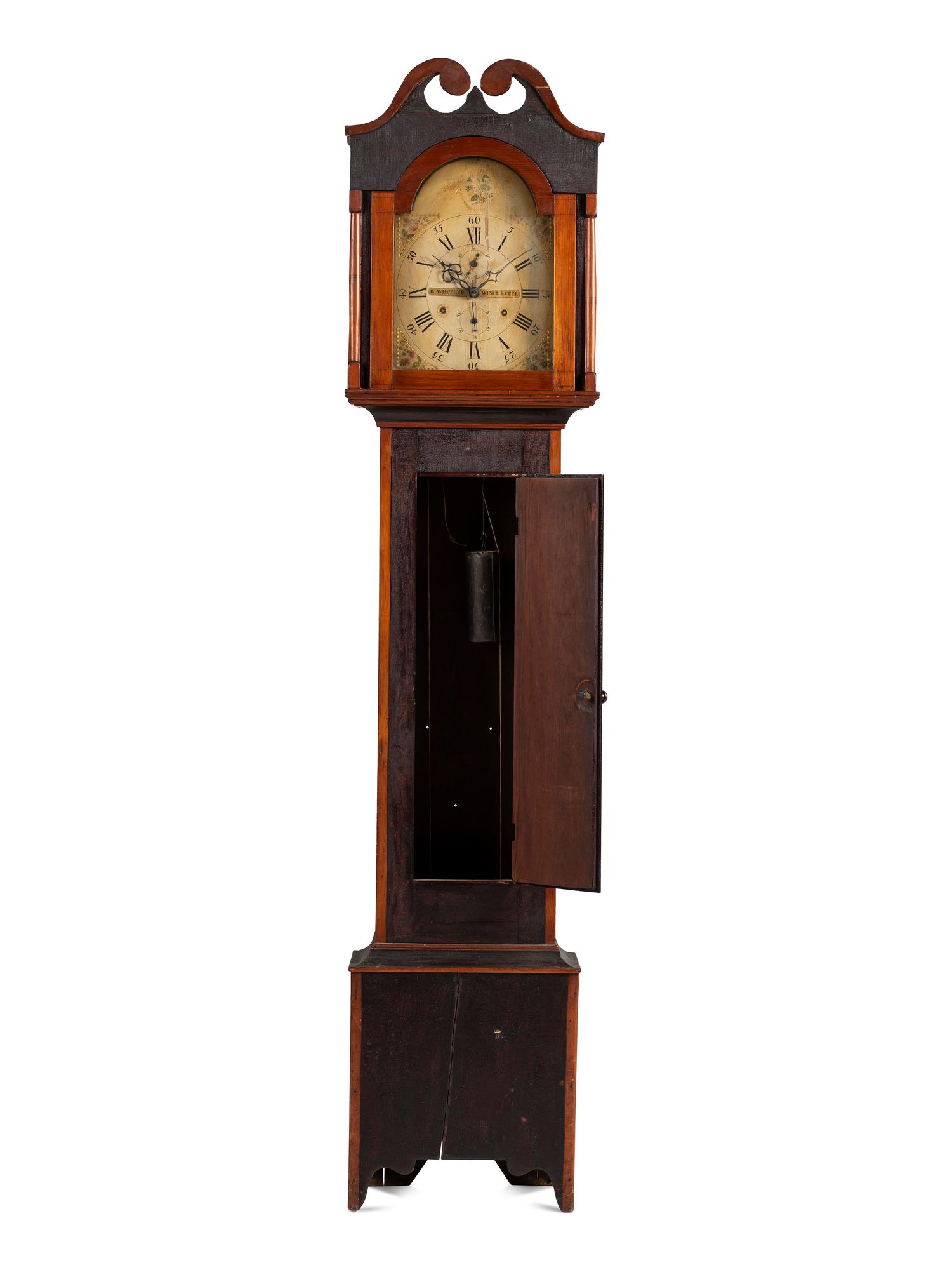 A Federal Painted Pine Wooden Works Tall Case Clock