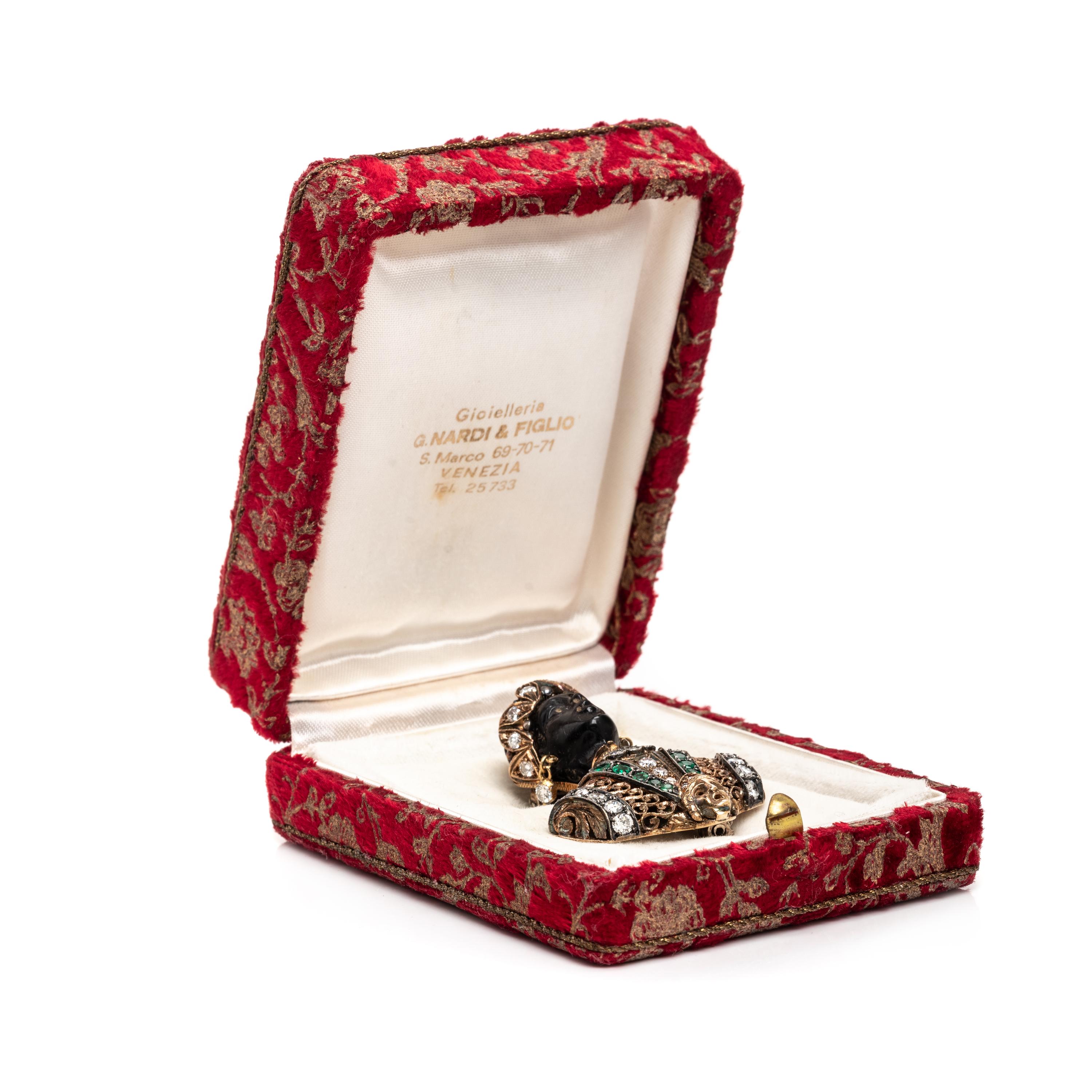 NARDI, YELLOW GOLD, DIAMOND, AND EMERALD FIGURAL BROOCH