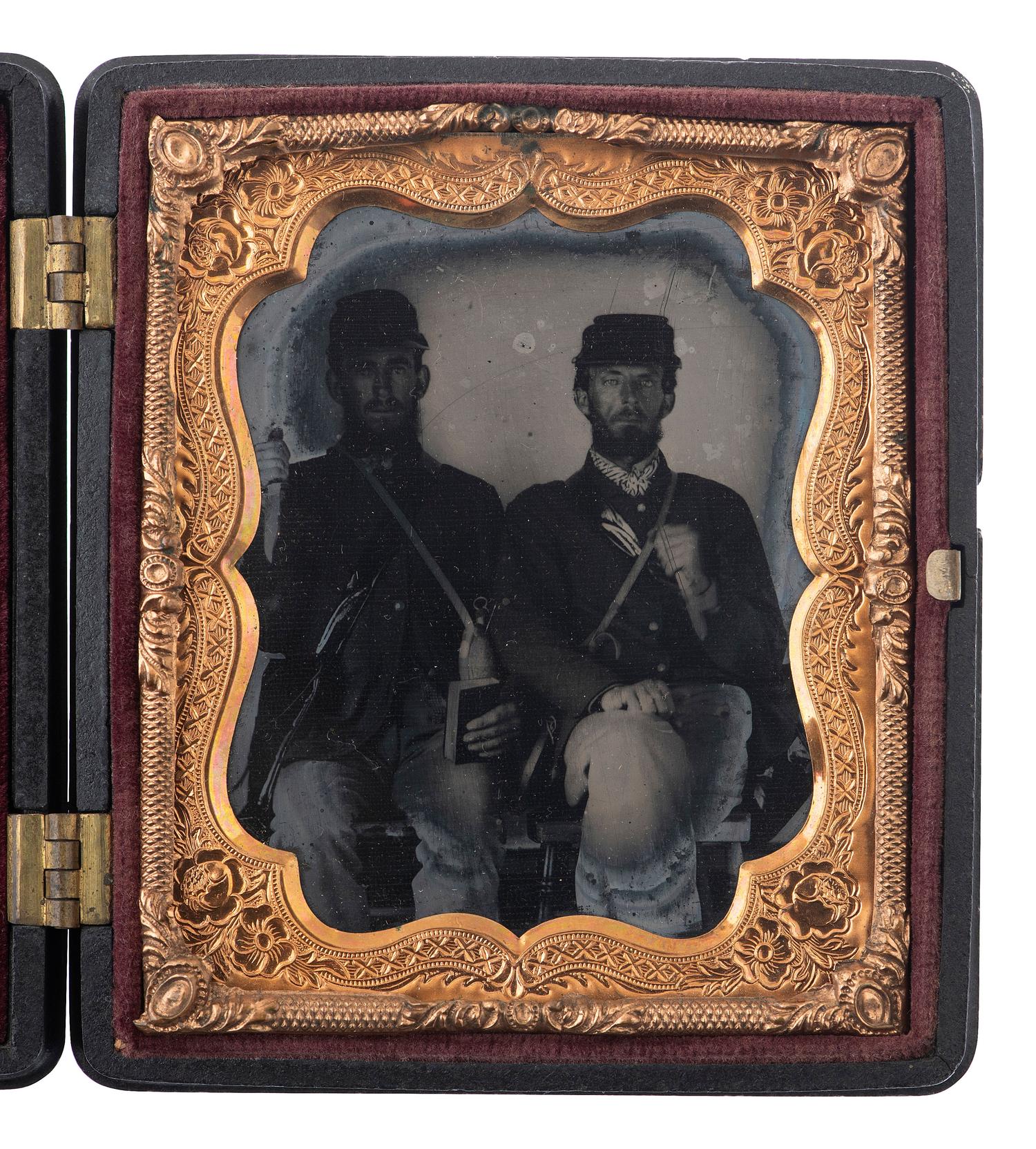 [CIVIL WAR]. Sixth plate ambrotype of Union privates displaying their knives.