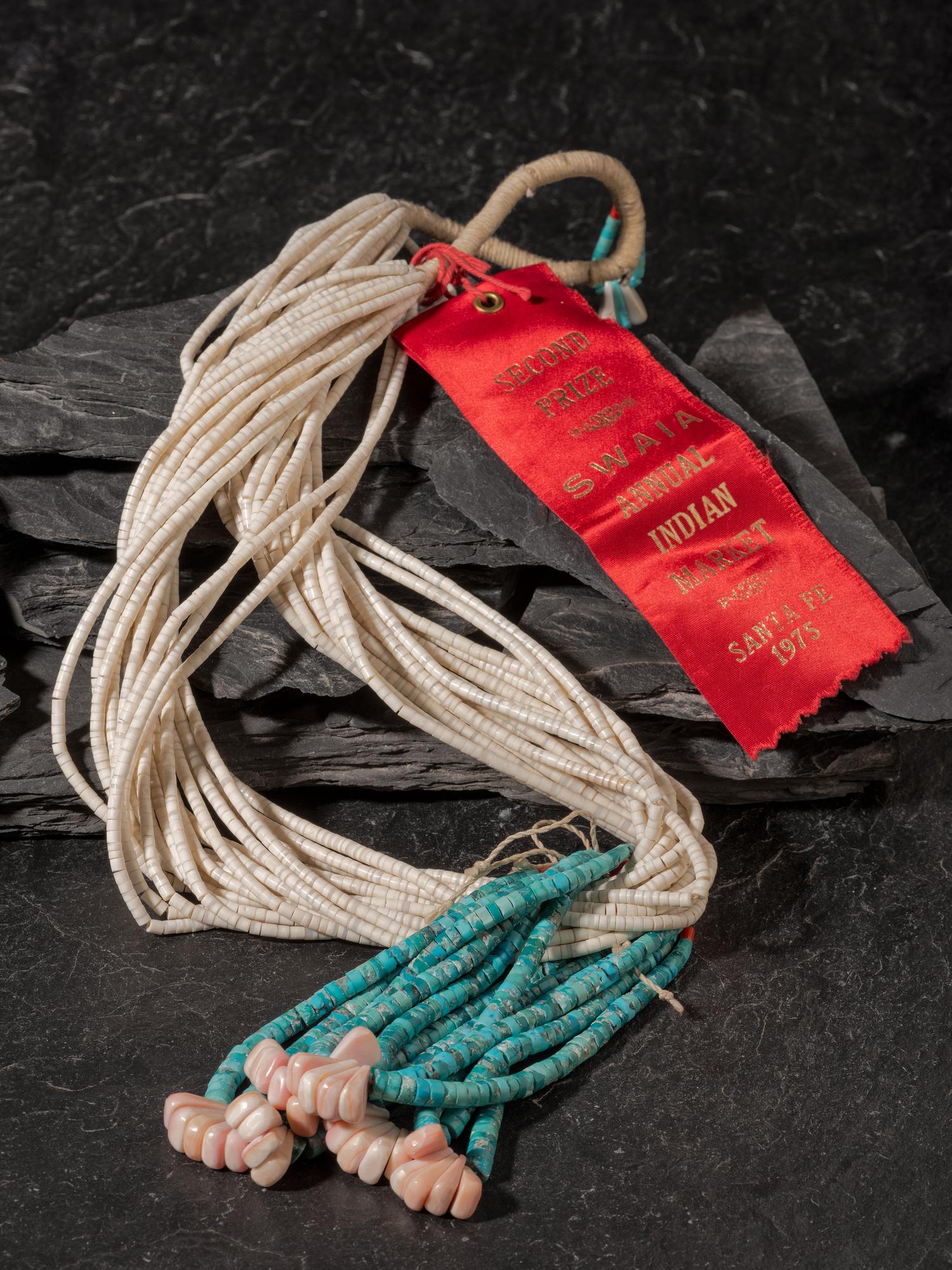 SWAIA Award Winning Twenty-strand Clam Shell Heishi Necklace, with Rolled Turquoise Joclas